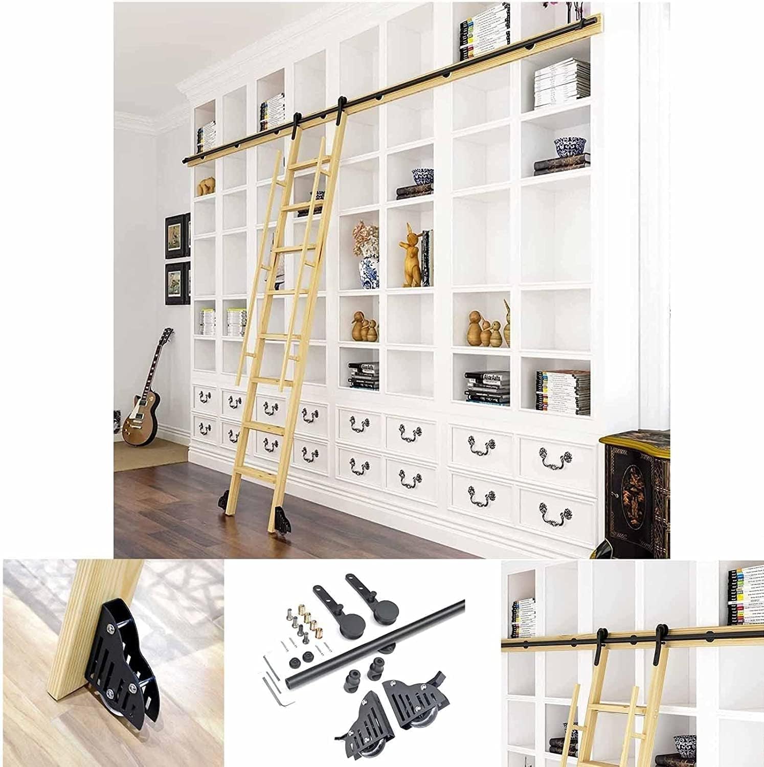 Rolling Ladder Hardware Library Sliding Ladder Hardware Kit,Carbon Steel Rolling Ladder Rail,Sliding Barn Door Hardware Kit,Floor Rollers with Brake,Easy to Install,400cm(13.1 ft) Track kit