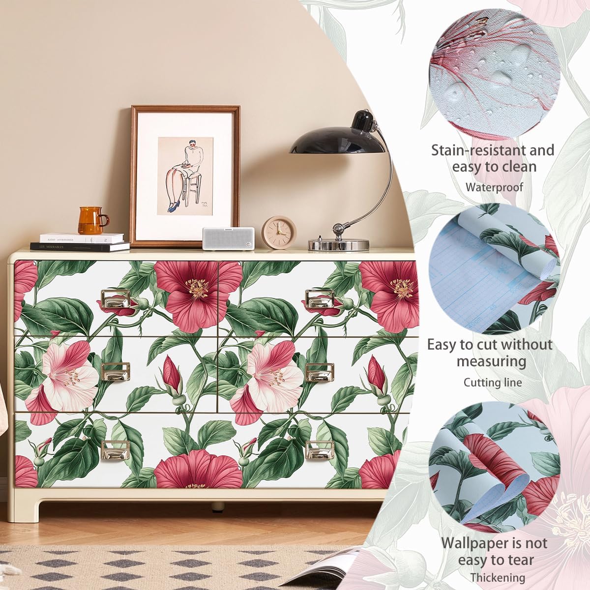 Livebor Floral Peel and Stick Wallpaper Floral Boho Contact Paper 16.9”x196.8” Modern Leaf Flower Wall Paper Removable Self Adhesive Waterproof for Bedroom Cabinets