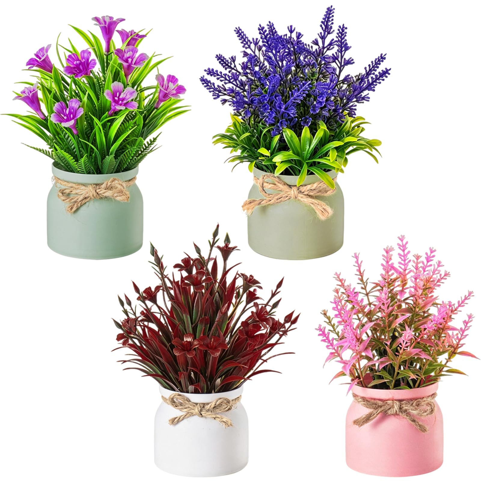 XoeLLe 4 Pack Artificial Flowers in Vase Plastic Potted Plant Fake Flowers