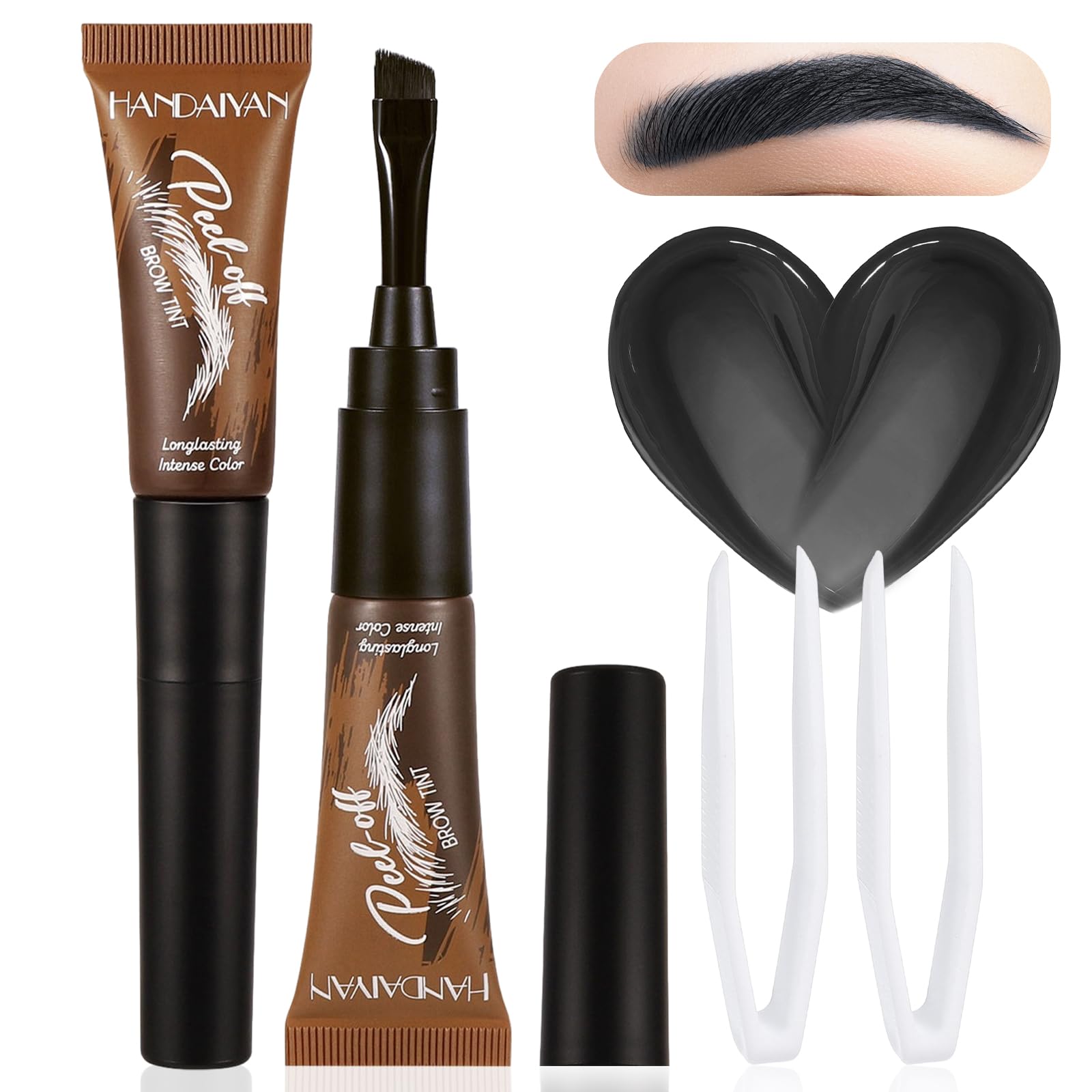2PCS Tattoo Eyebrow Gel Easy Peel Off with Tweezers, 【Waterproof】【Sweatproof】【Transfer-proof】Long-lasting Up to 3 Days, Eye Brow Gel for Fuller & Defined Looking Eyebrow Color Makeup, 05# Gray-Black