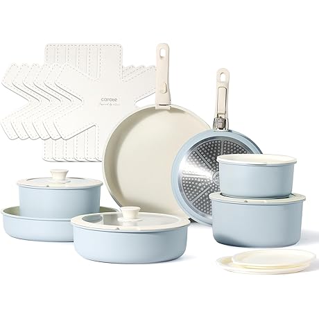 CAROTE Non-Stick Blue Granite Pots and Pans Set with Detachable Handle