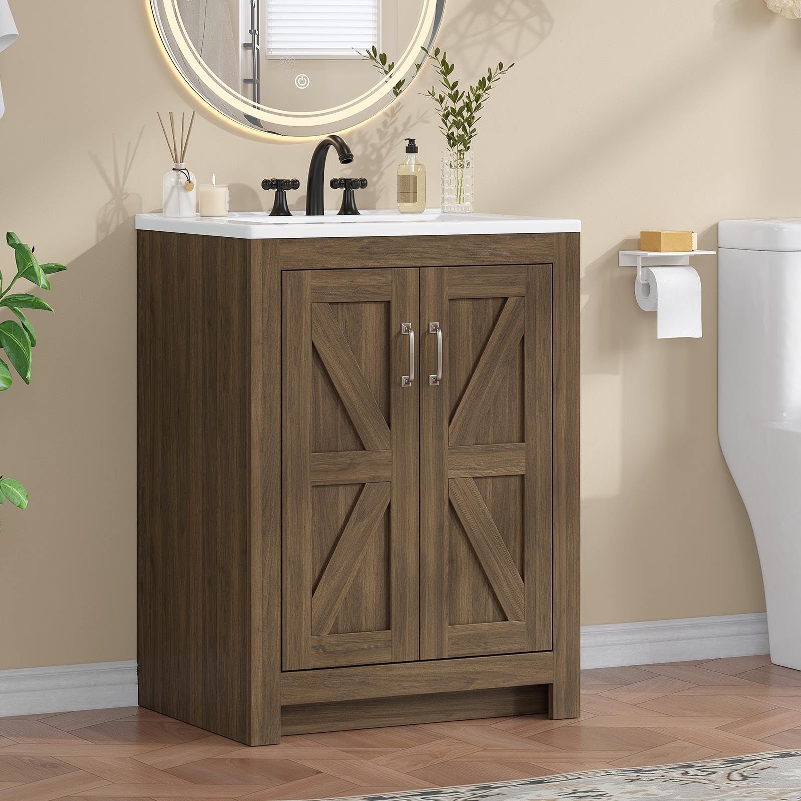 ONBRILL 24 Inch Farmhouse Bathroom Vanity with Ceramic Sink, Walnut