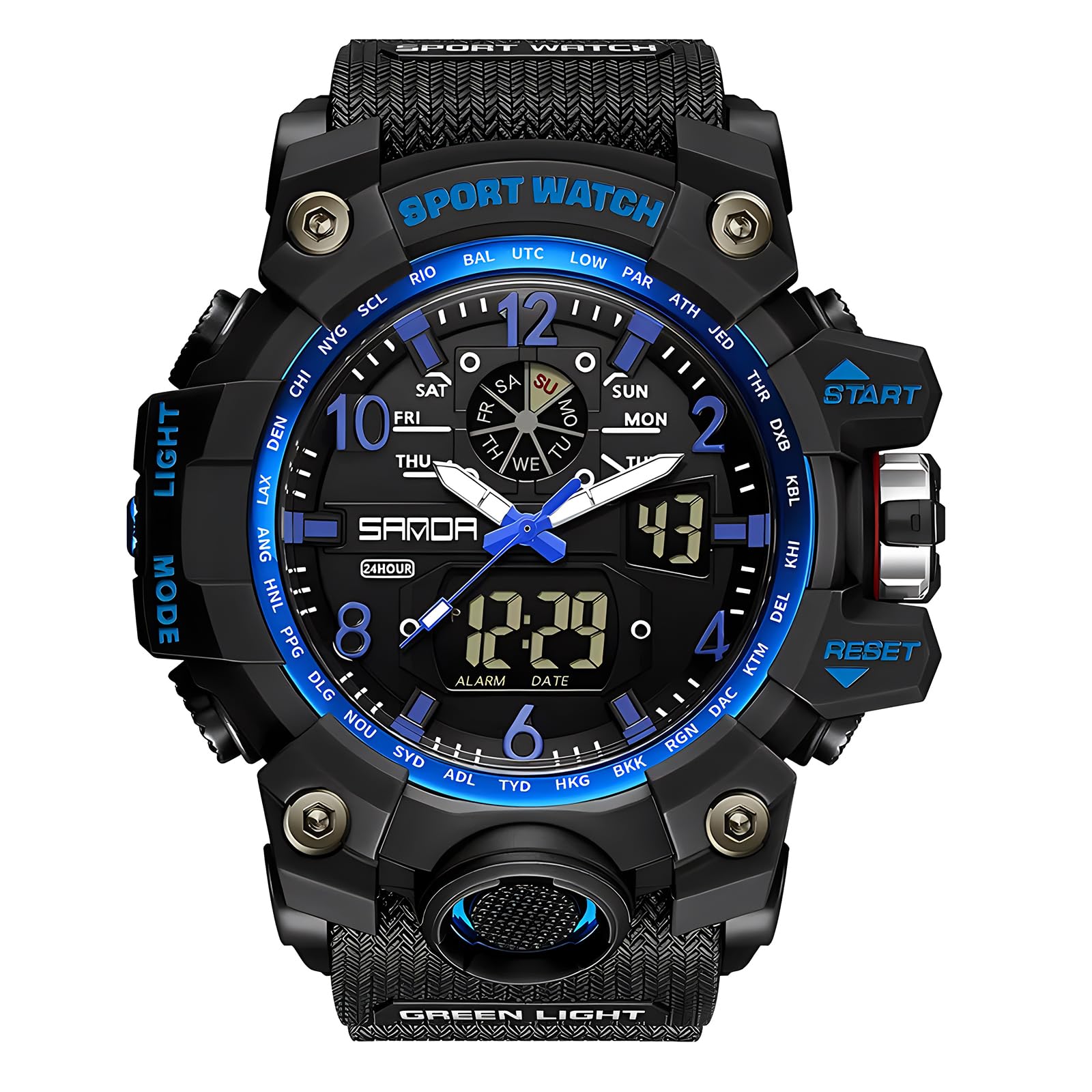 Gosasa Montre analogique numérique de style militaire, grand cadran 5,6 cm, étanche à 50 m, double fuseau horaire, alarme, rétroéclairage LED, chronomètre, bracelet en polyuréthane