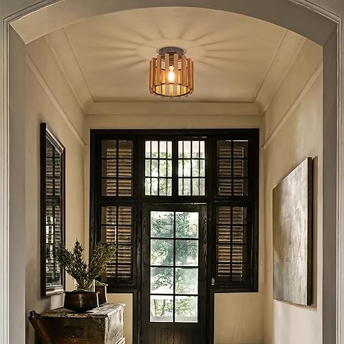 Miniatura 8 de Edzemuwa Lámpara rústica de montaje empotrado de madera de roble, lámpara de techo semiempotrada para pasillo, dormitorio, cocina, entrada, granja,