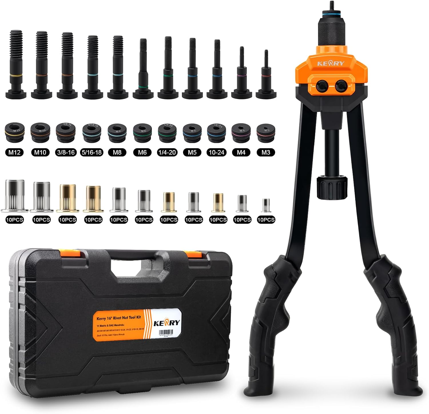 Kerry 16" Rivet Gun Nut Tool, Professional Rivet Nut Tool Kit with 11 Metric & Inch Mandrels M3 M4 M5 M6 M8 M10 M12, SAE10-24, 1/4-20, 5/16-18, 3/8-16, 110pcs Rivnuts and Blow Carry Case