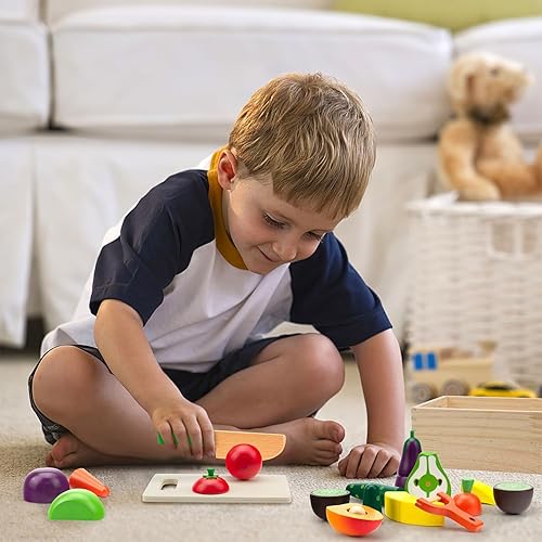 Miniatura 5 de Juegos de comida de madera para niños, cocina para cortar frutas y verduras, juguetes para niños pequeños, juguetes Montessori, regalo para niños y