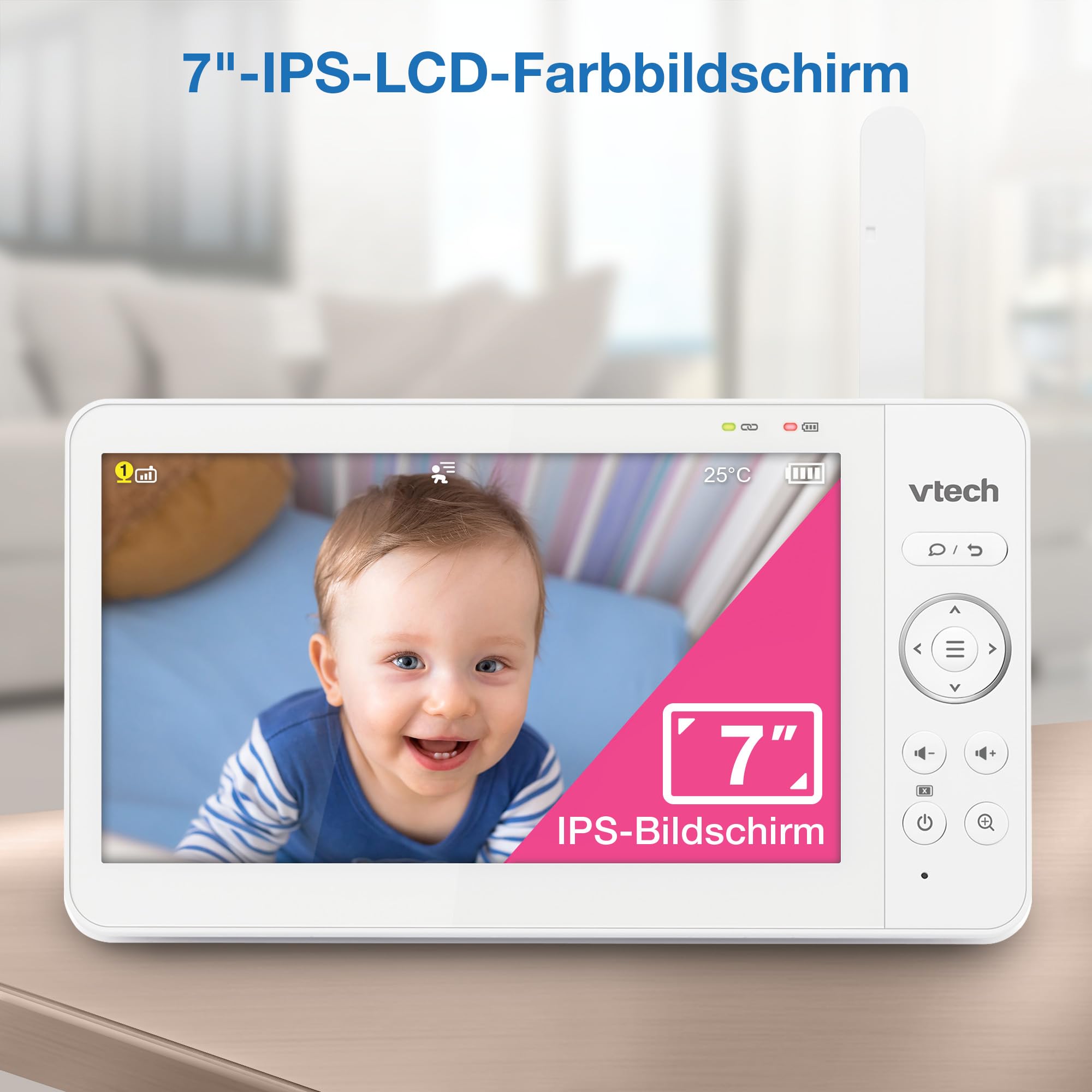 VTech Video-Babyphone mit 7" Farb-LCD-Bildschirm,360°-Panoramablick,Schwenken/Kippen/Zoom,Wiegenlieder&beruhigende Geräusche,Nachtlicht,Gegensprechfunktion,Touch-Bedienung,VM7468-2 mit Zwei Kameras