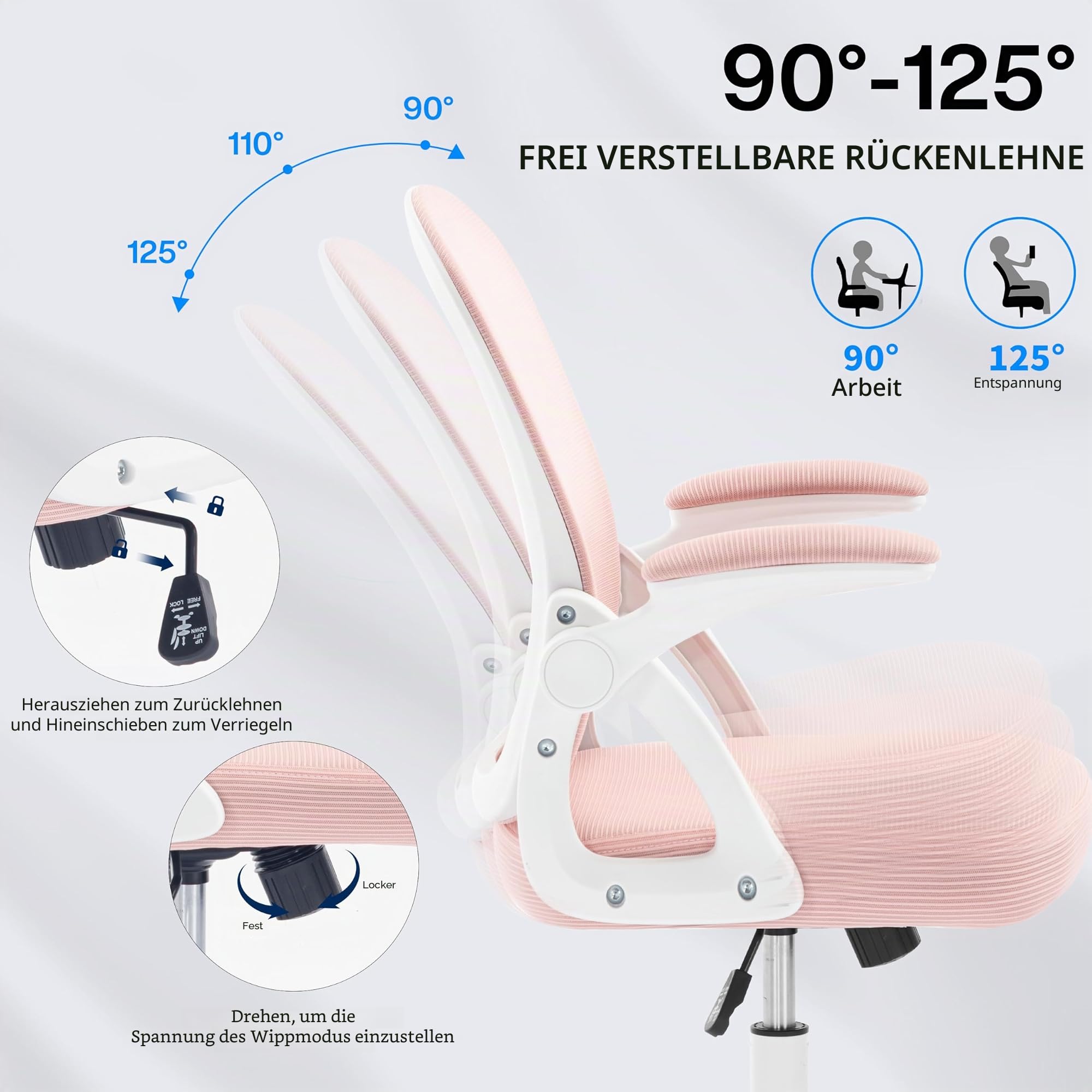 Fizzin Ergonomischer Bürostuhl Rosa Schreibtischstuhl, 150 kg | Mesh Drehstuhl mit gepolsterten klappbaren Armlehnen, verstellbare Lendenwirbelstütze für Büro, Homeoffice und Gaming