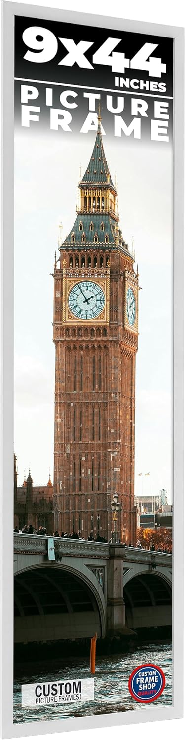 9x44 Frame White Real Wood Picture Frame Width 0.75 Inches | Interior Frame Depth 0.5 Inches | Bianca Mid Century Photo Frame Complete with UV Acrylic, Foam Board Backing & Hanging Hardware