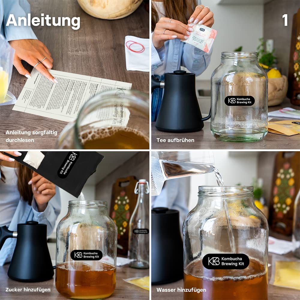 Kombucha Brewing Kit XL Bundlecon 2x coltura starter SCOBY biologica, 4 gusti di infusione, con 2x vaso di fermentazione, 2 bottiglia swing-top, zucchero di canna grezzo biologico, cannuccia di vetro