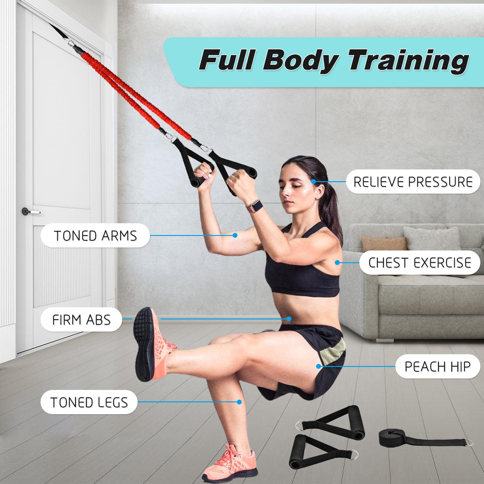 ATENTO Widerstandsbänder für Beine und Po, Fitness-Gummiband mit Griffen, Fitnessgürtel, 4-teiliges Trainingsband für Damen und Herren, Beintag, Ganzkörper-Routine-Übung mit Türanker, Knöchelriemen,