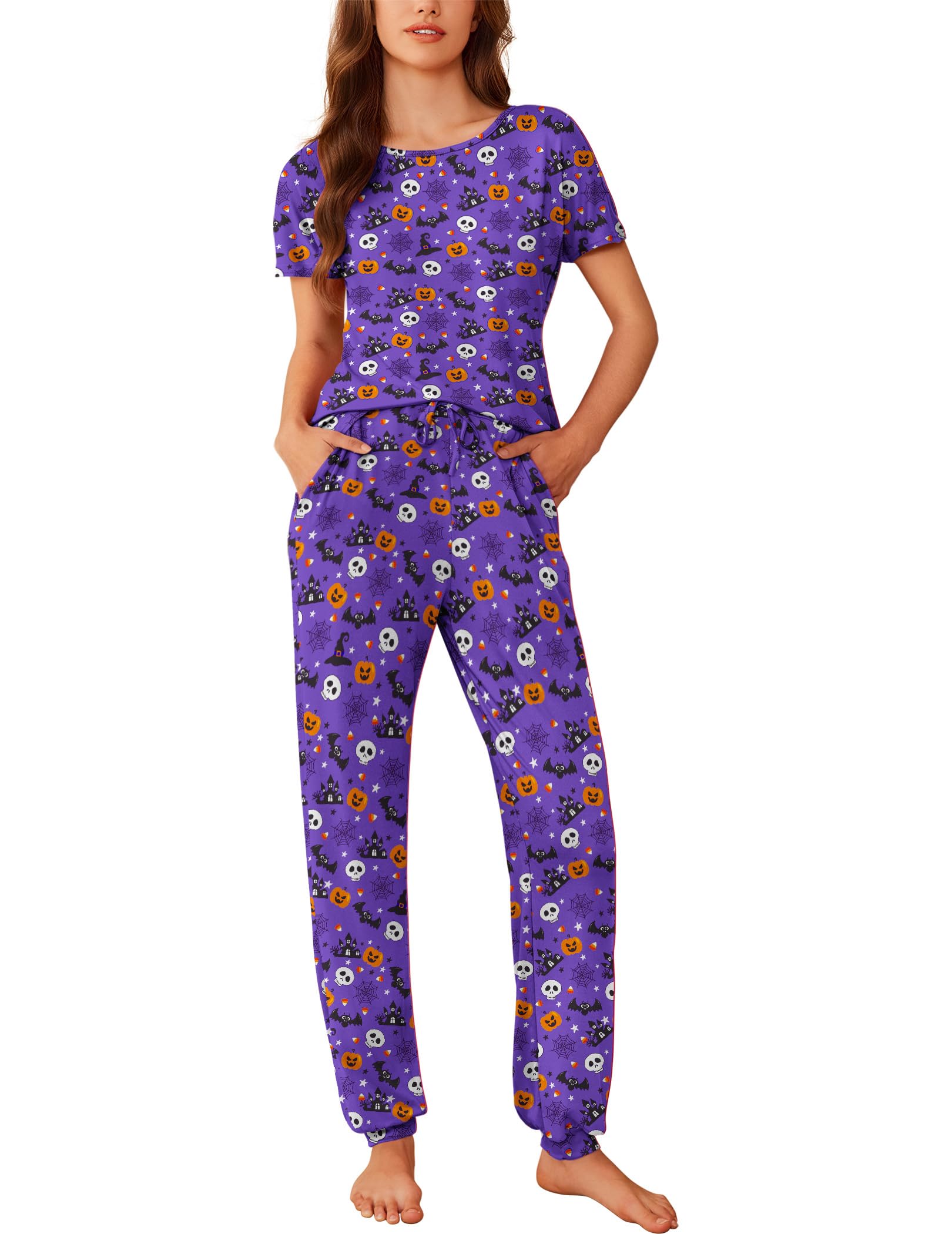 Ekouaer Pajamas for Womens Set Soft 2 Piece Loungewear with Jogger Pants | Comfy Pjs, Crew Short Sleeve Top, Casual Sleepwear with Side Pocket, Lounge Set for All-season, Daily Sleeping, Home Lounging Small Purple Halloween Pattern