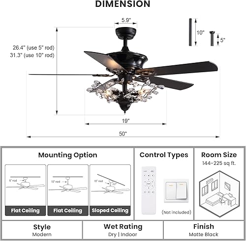 Miniatura 7 de CROSSIO Moderno ventilador de techo de cristal con control remoto para dormitorio, sala de estar (negro, 2, 50 pulgadas)