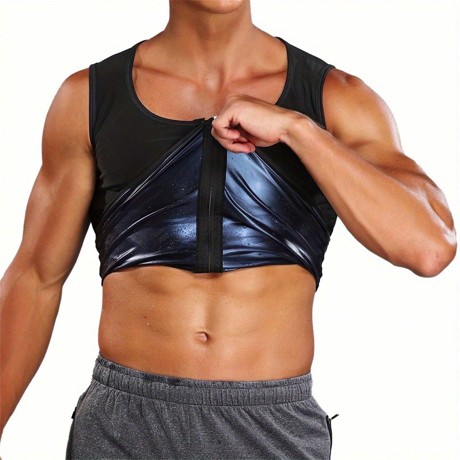 Risipu Men Sauna Vest Tops Exercise Fitness Zipper Sweat Sauna Suit Slimming Weight Loss Gym Workout Suit Body Shaper Waist Trainer Training Fitness Tank Top (2XL)