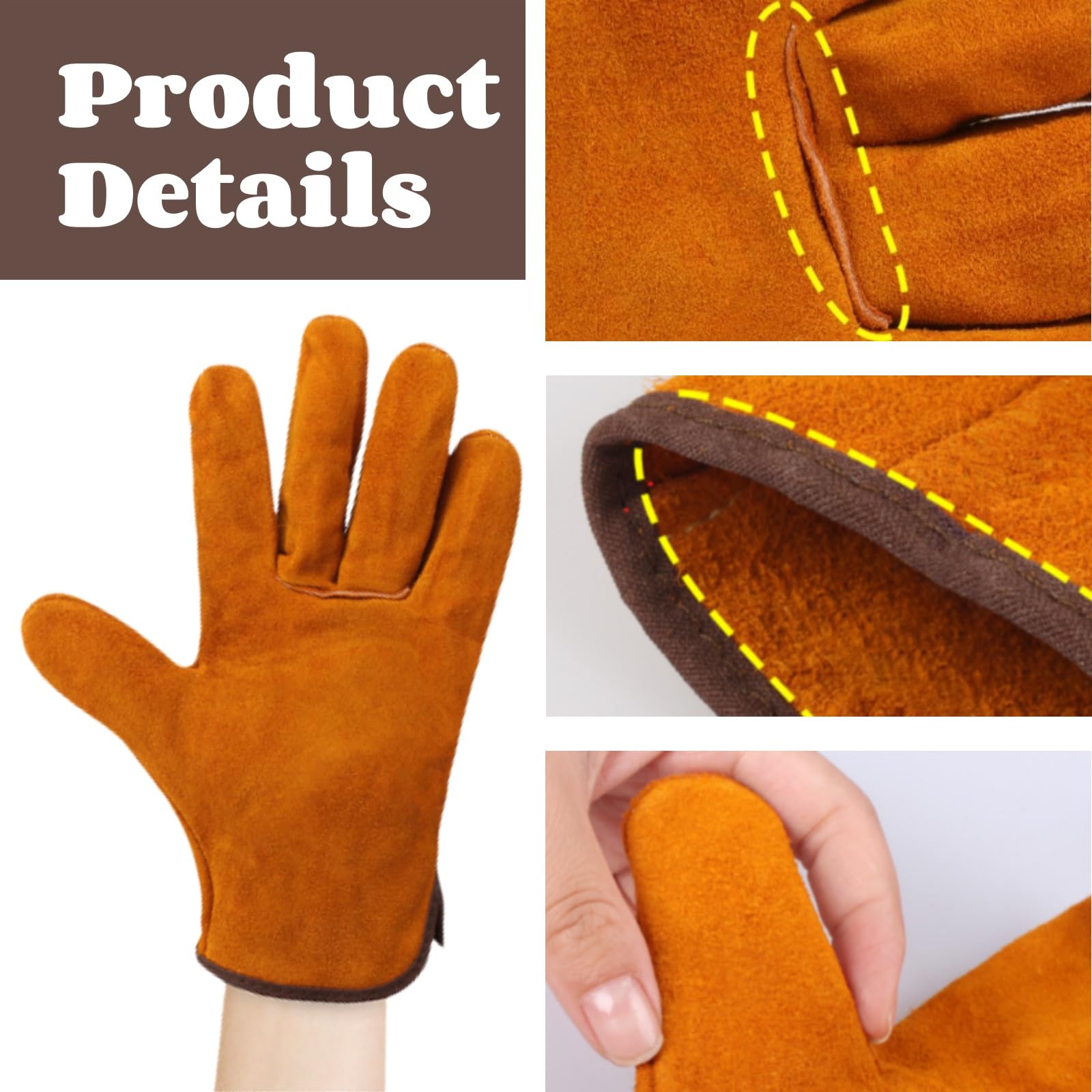 Tokaneit 2 Piezas Guantes Soldador Profesionales, Guantes Jardinería Cuero, Guante Cuero Soldadura, Doble Costura en Los Dedos, para Soldar Electrodo, Barbacoas, Jardinería, Amarillo