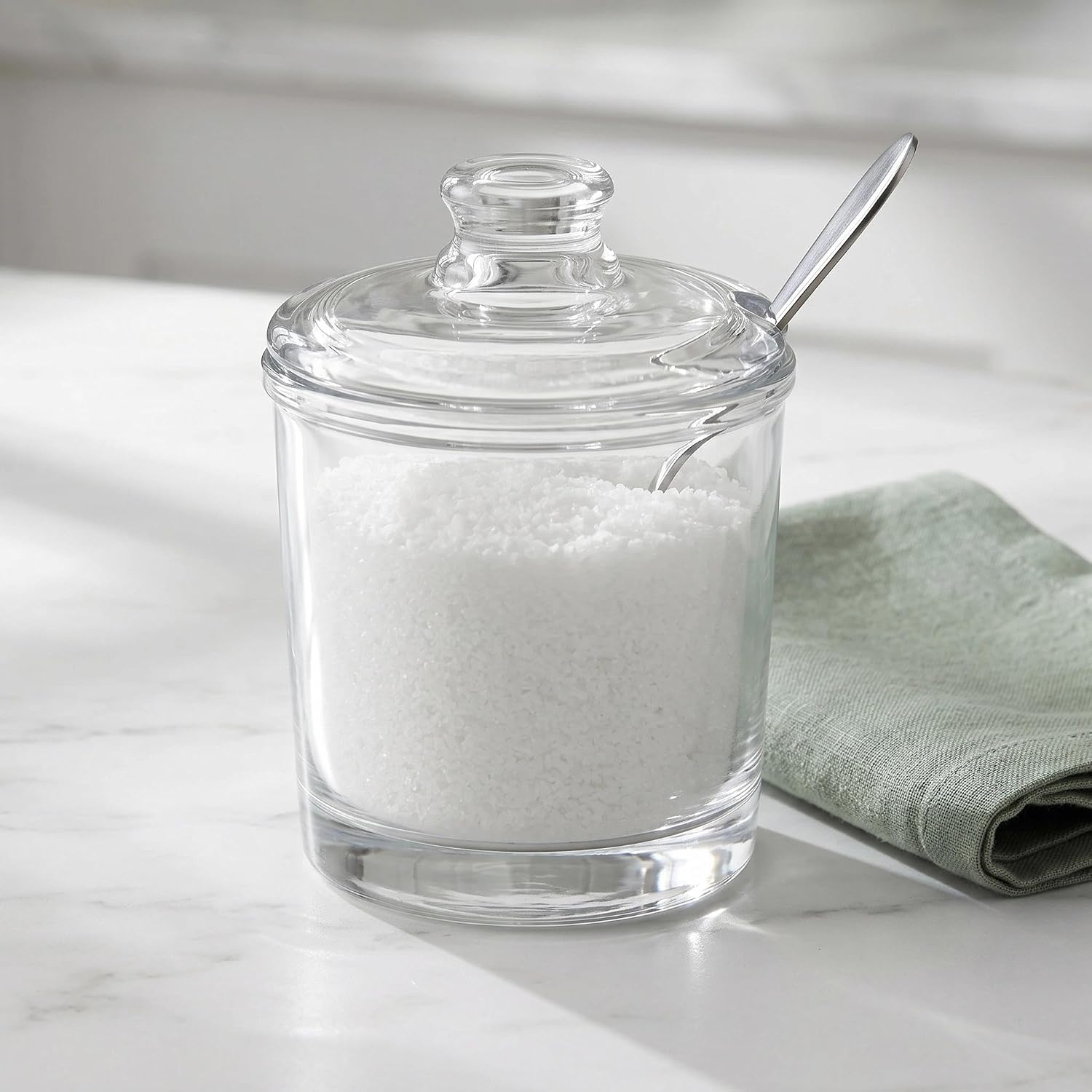 Sugar Bowl with Lid & Spoon, Airtight Clear Storage for Salt Spices