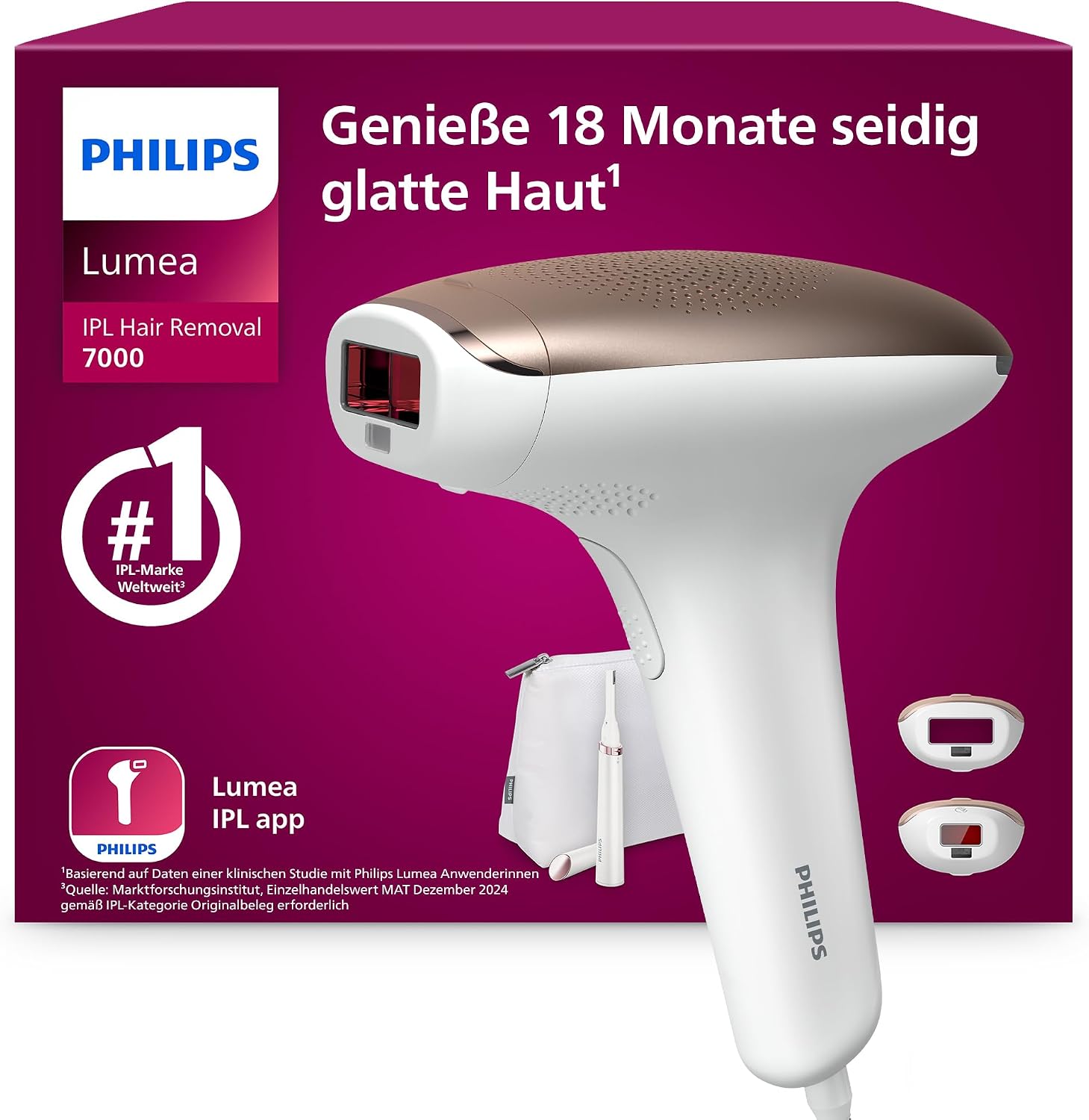 Philips Lumea IPL 7000 Series - IPL Geräte Haarentfernung für bis zu 18 Monaten seidig-glatte Haut¹ mit 2 Aufsätzen für Körper & Gesicht, Alternative zur Laser-Haarentfernung (BRI921/00)