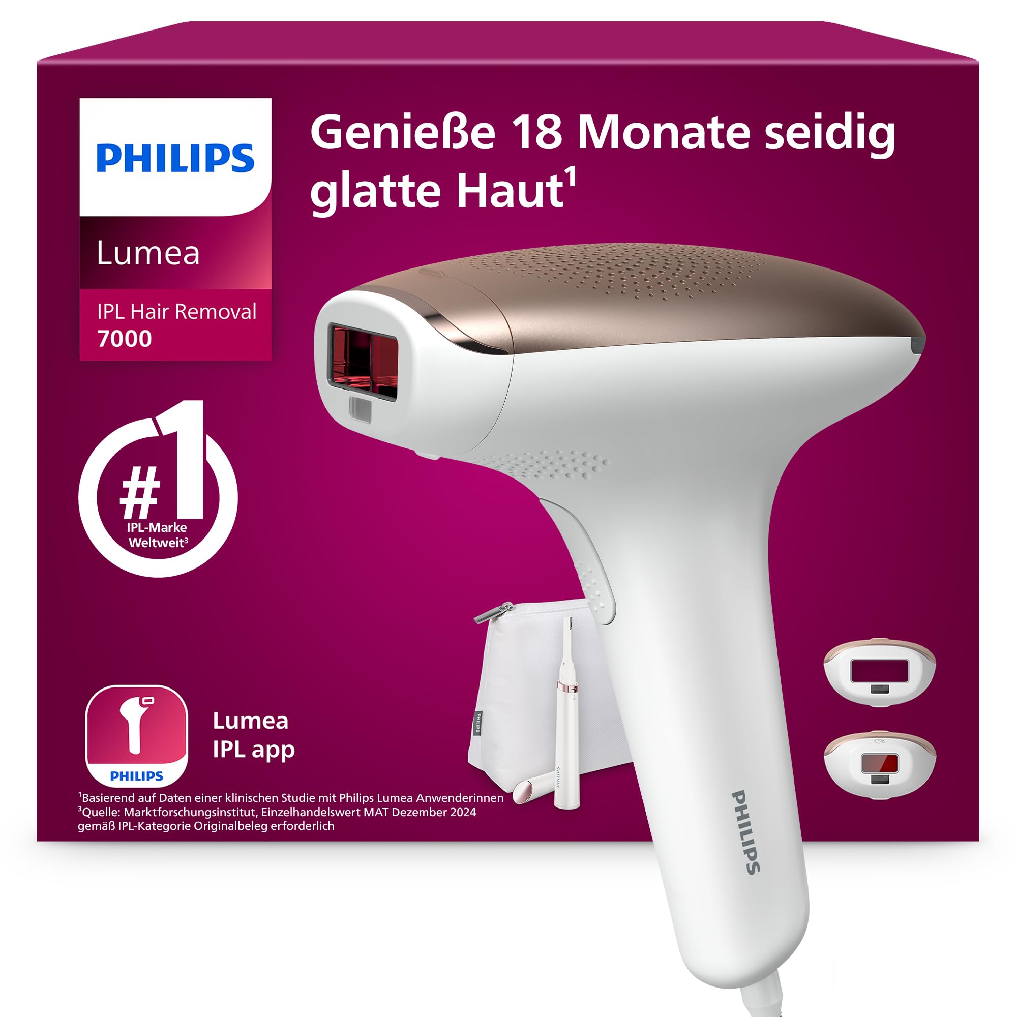 Philips Lumea IPL 7000 Series Haarentfernungsgerät – Alternative zur Laserhaarentfernung – 2 Aufsätze für Körper & Gesicht, inkl. Korrekturtrimmer (BRI921/00)