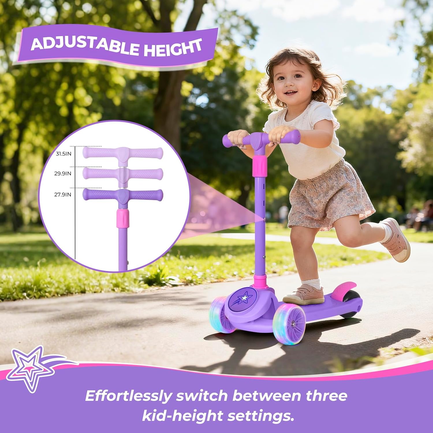 Nattork Kids Scooter for Boys Girls with Light Up Wheels, 3 Adjustable Height Handlebars, Lean-to-Steer Technology, Widen Anti-Slip Deck, 3 Wheel Scooter for kid ages 3-8, Support Riders Up to 110 LBS - Image 4