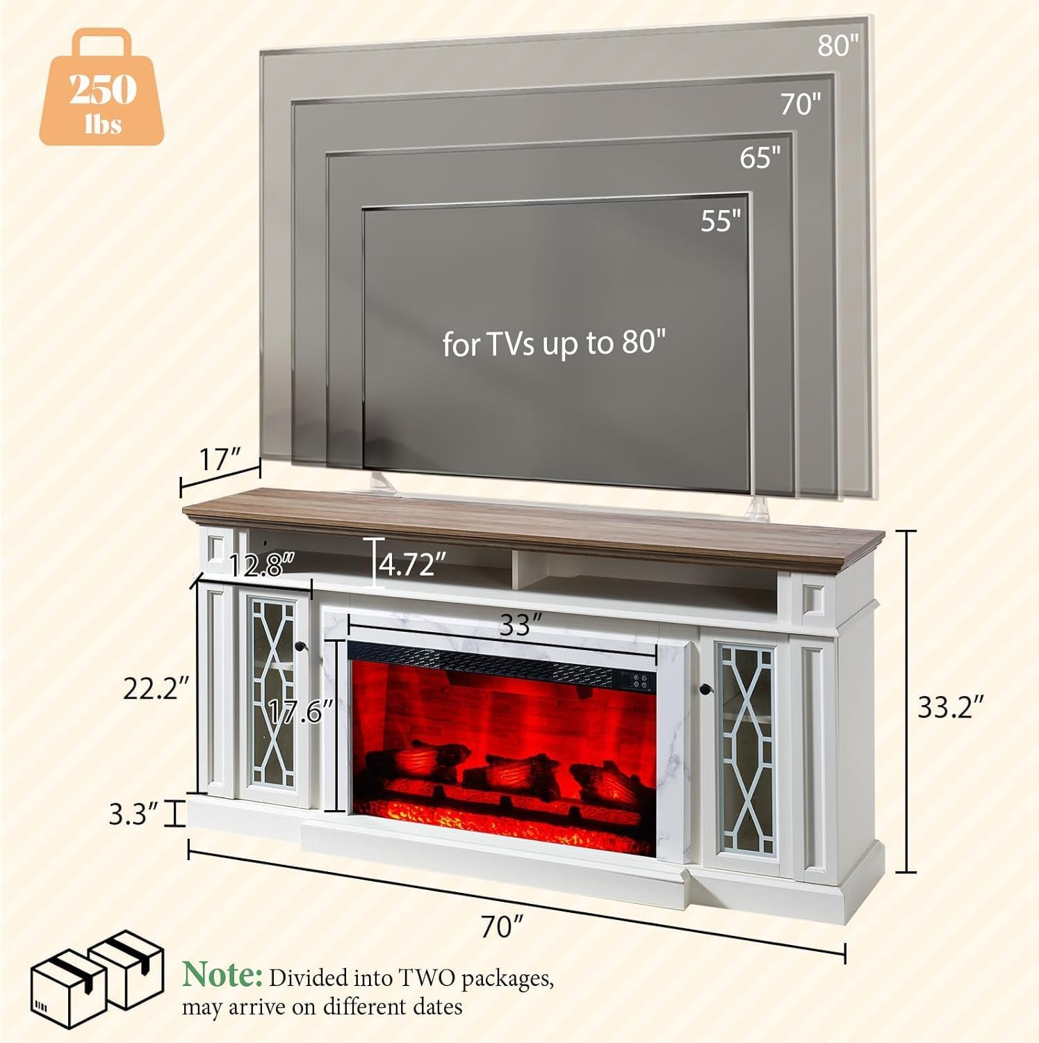 AMERLIFE 4 Pieces Living Room Table Sets, 70" Farmhouse TV Stand with 33" Electric Fireplace, Coffee Table & 2 End Tables with Charging Station and USB Ports, Living Room, White & Barnwood