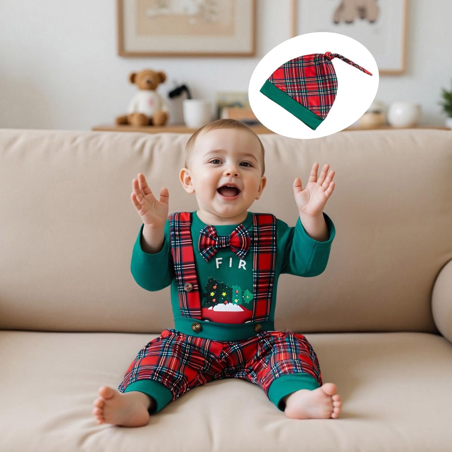 My First Christmas Baby Boy Outfit Newborn Infant My 1st Christmas Truck Romper Plaid Suspender Pants Gentleman Set - Image 4