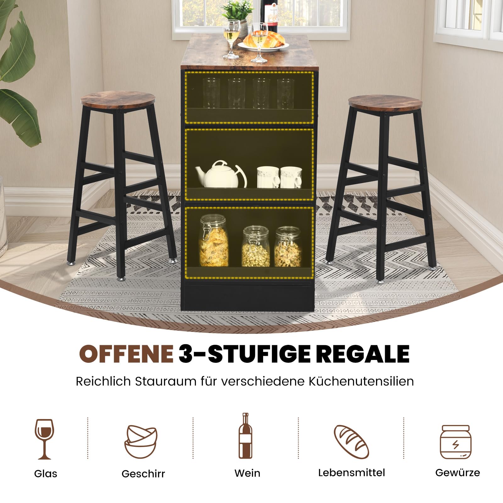 COSTWAY Bartafel keuken, aanrecht met opbergruimte en voetensteun, bar met metalen frame, verstelbare poten, 120 x 50 x 106,5 cm, zwart, rechthoekig