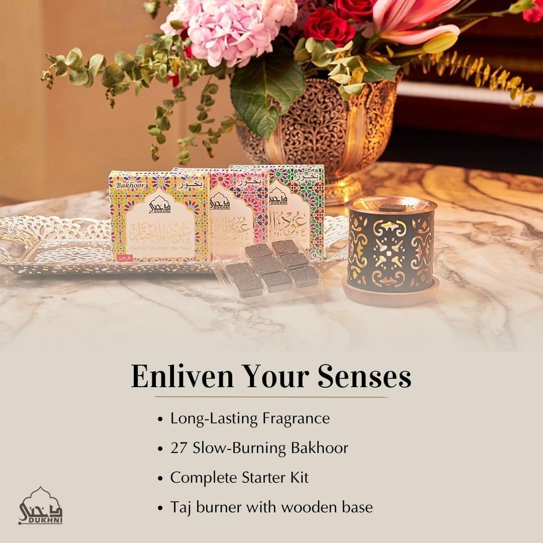 Oud Al Mukhtar, Qamar, Habayeb Bakhoor by Dukhni - (3 Trays x 9 piece Each) & Taj Exotic Burner | Perfect for Prayer & Meditation. Great Gift for Ramadan & Eid