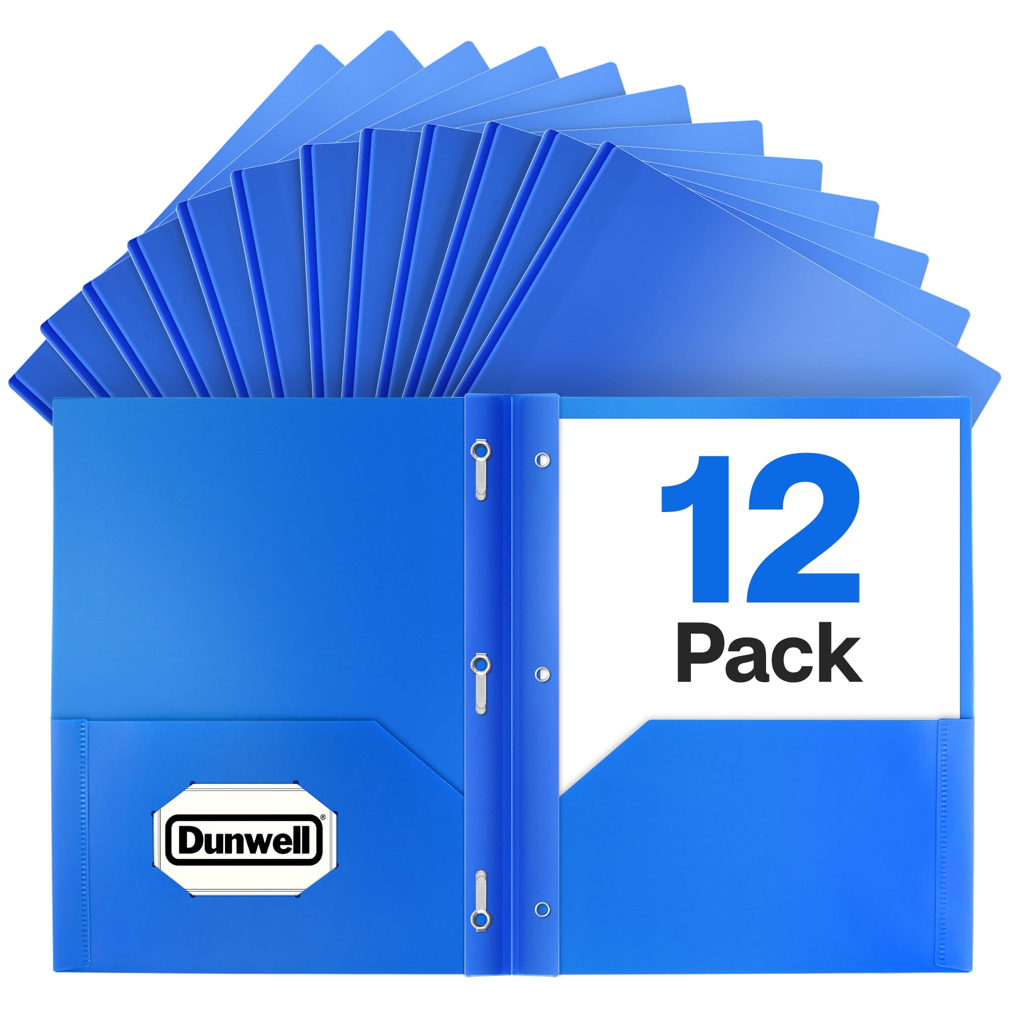 Dunwell Plastic Folders with 3 Prongs, (12 Pack, Blue), 2-Pocket Folders with Fasteners, Durable Acid-Free Poly for Long Term Use, Labels Included