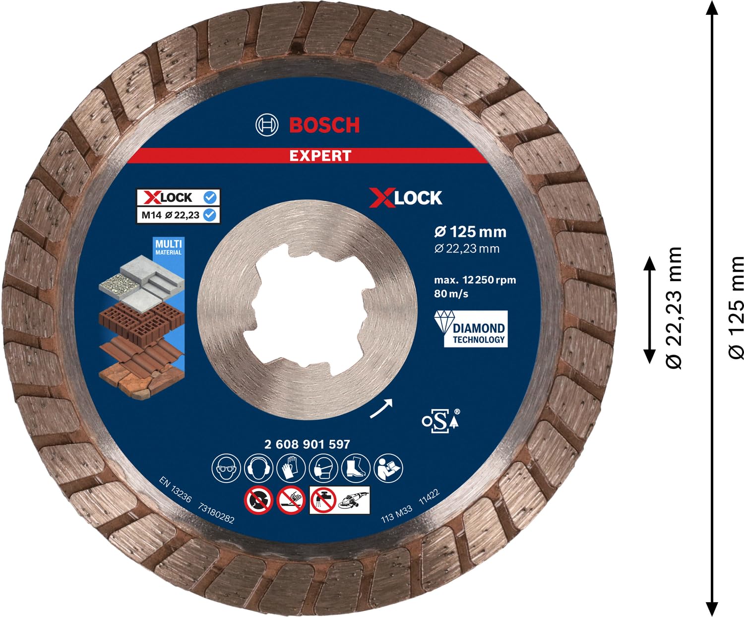 Bosch Accessories 1x Disco de Corte con Diamante EXPERT MultiMaterial X-LOCK Turbo (per hormigón, ladrillos, piedra blanda, Ø 125 x 22,23 mm, Accesorios Amoladora Pequeña)