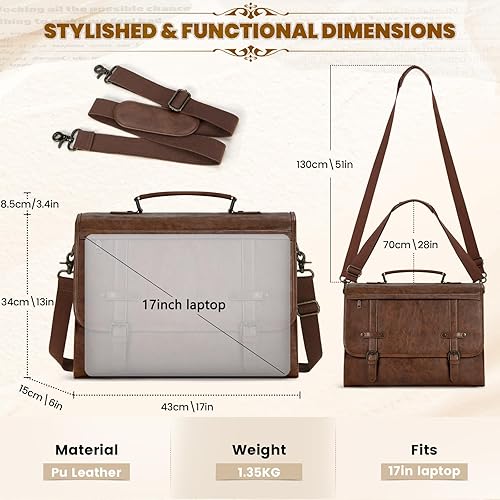 Miniatura 2 de RAINSMORE Bolsa de mensajero para hombre de 17 pulgadas, impermeable, de piel vintage, maletín para laptop, bolsa de hombro retro, marrón