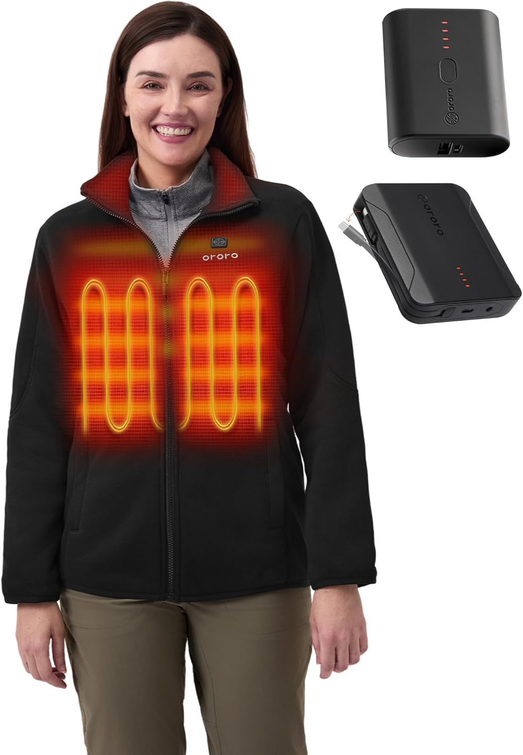 ORORO Women’s Heated Fleece Jacket (Black,XL) and EXtended Runtime Battery