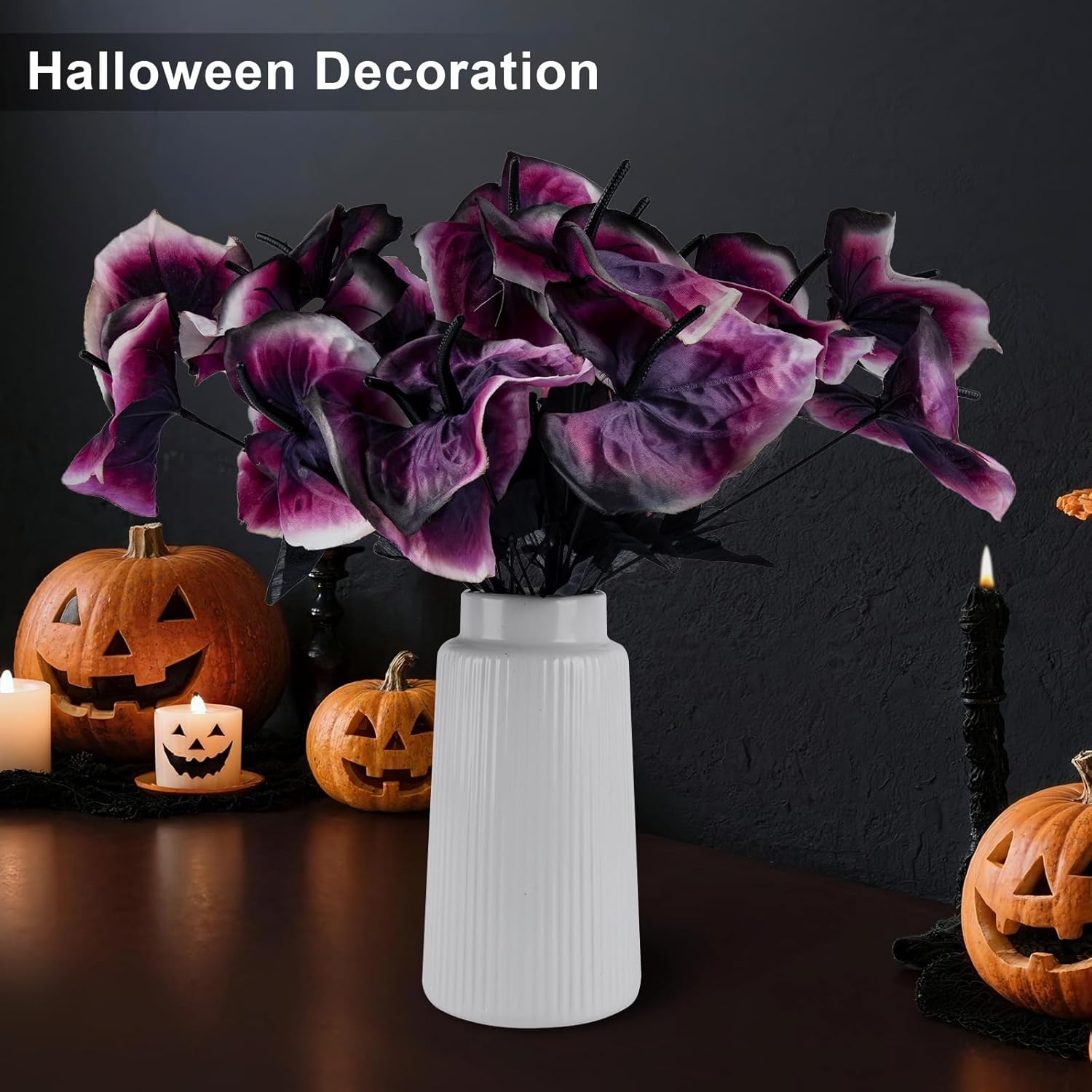 Tikea Black Artificial Flowers, 5 Pcs Artificial Anthurium Flowers with Stem for Halloween, Gothic Decor, Wedding, Home Decor and Vase Bouquet Floral Arrangement (Purple 13.4”)