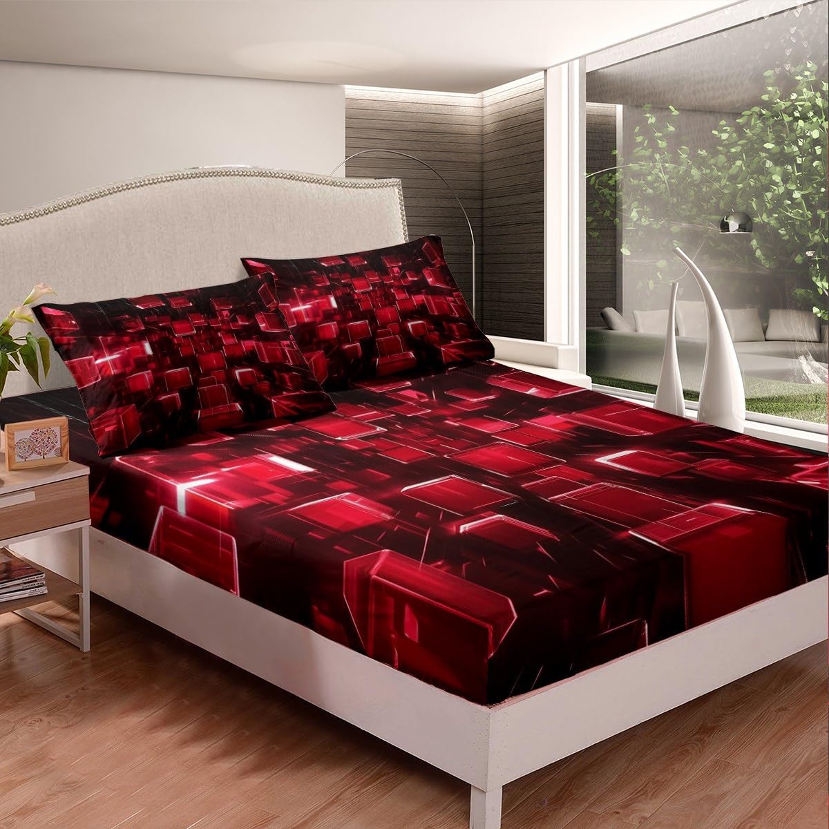 3D Red Grid Fitted Sheet Twin Size,Abstract Geometric Plaid Print Bedding Sets for Kids Teens Adults,Modern Simple Style Decor Bed Cover with 1 Pillowcase(No Flat Sheet)