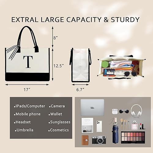 Miniatura 10 de BeeGreen Bolso de mano con inicial, bordado personalizado, regalos de cumpleaños, bolsa de lona con bolsillos con cremallera para mujer