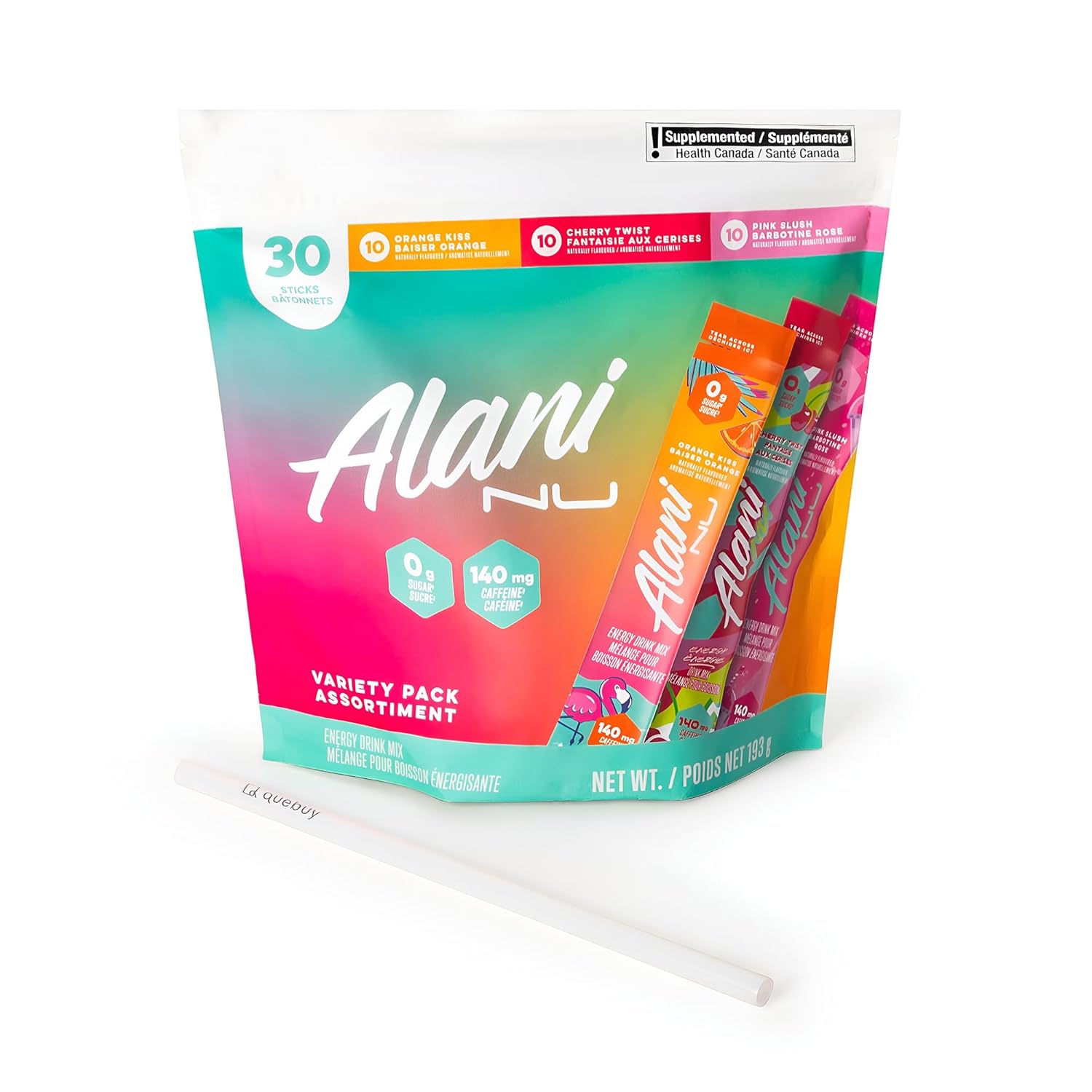 Alani_Nu Energy Drink Mix Variety Pack + QueBuy Reusable Straw (30 Count. Value Pack) - 200mg Caffeine - 0g Sugar - Orange Kiss, Cherry Slush & Pink Slush - Instant Powder Sticks