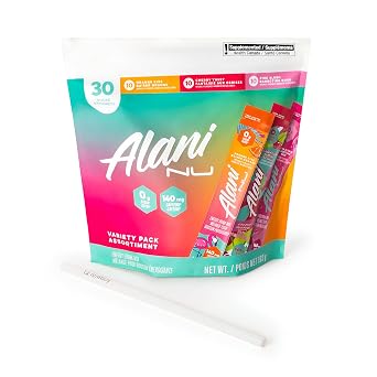 Alani_Nu Energy Drink Mix Variety Pack + QueBuy Reusable Straw 30 Count. Value Pack - 200mg Caffeine - 0g Sugar - Orange Kiss, Cherry Slush & Pink Slush - Instant Powder Sticks