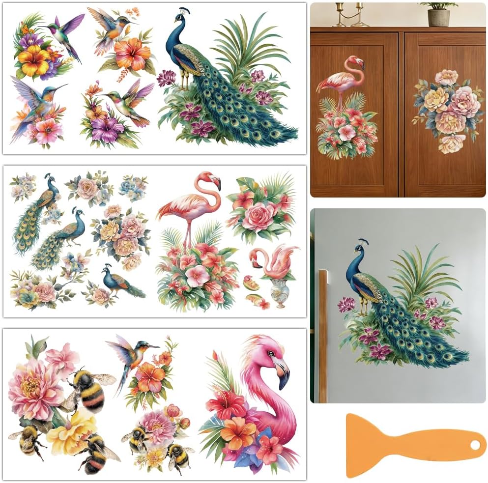 3 Sheets 3 Styles Rub on Transfers Decals Truck Flower Furniture Transfer Stickers PVC Waterproof Decorative Self Adhesive for Desk Cabinet Dresser Decoration DIY Crafts Home Decor