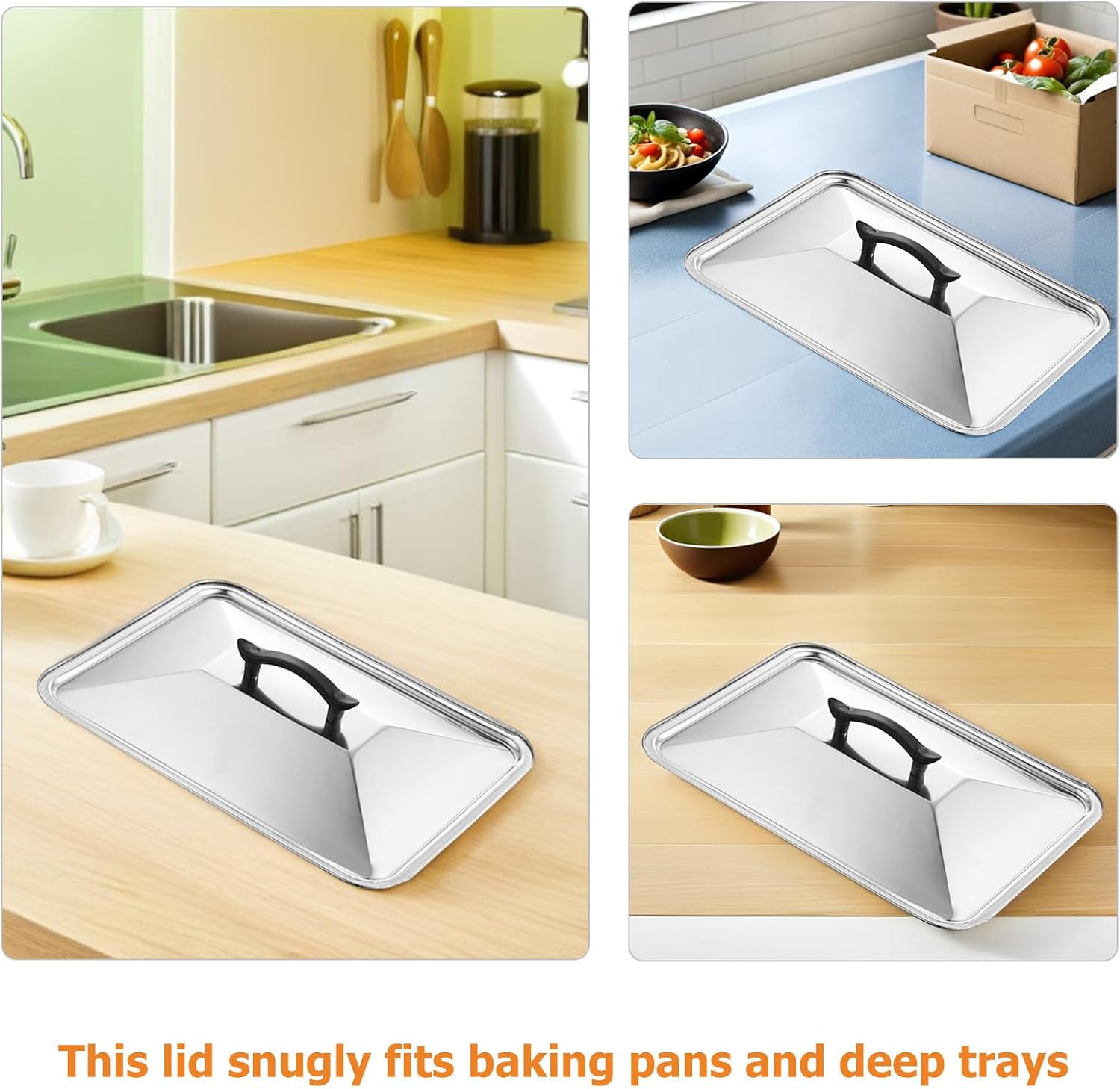 Stainless Steel Rectangular Baking Pan Lid Splash-Proof Pot Cover Rectangular Cheese Melt Lid With Heat-Resistant Handle For Kitchen 40x30x4cm/16x12x1.6"