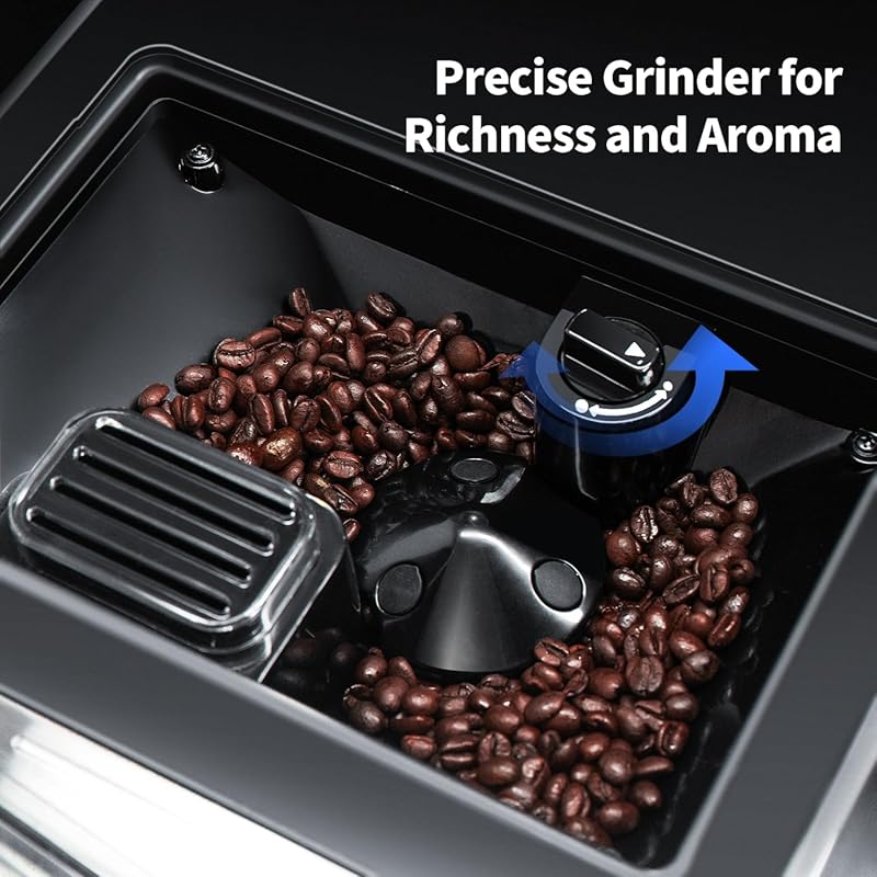 Automatic Espresso Machine with Grinder and Milk Frother - Auto Coffee Maker with 7 One-Touch Coffee Recipes for Latte, Cappuccino, Americano, Iced and Hot Coffee (Black)