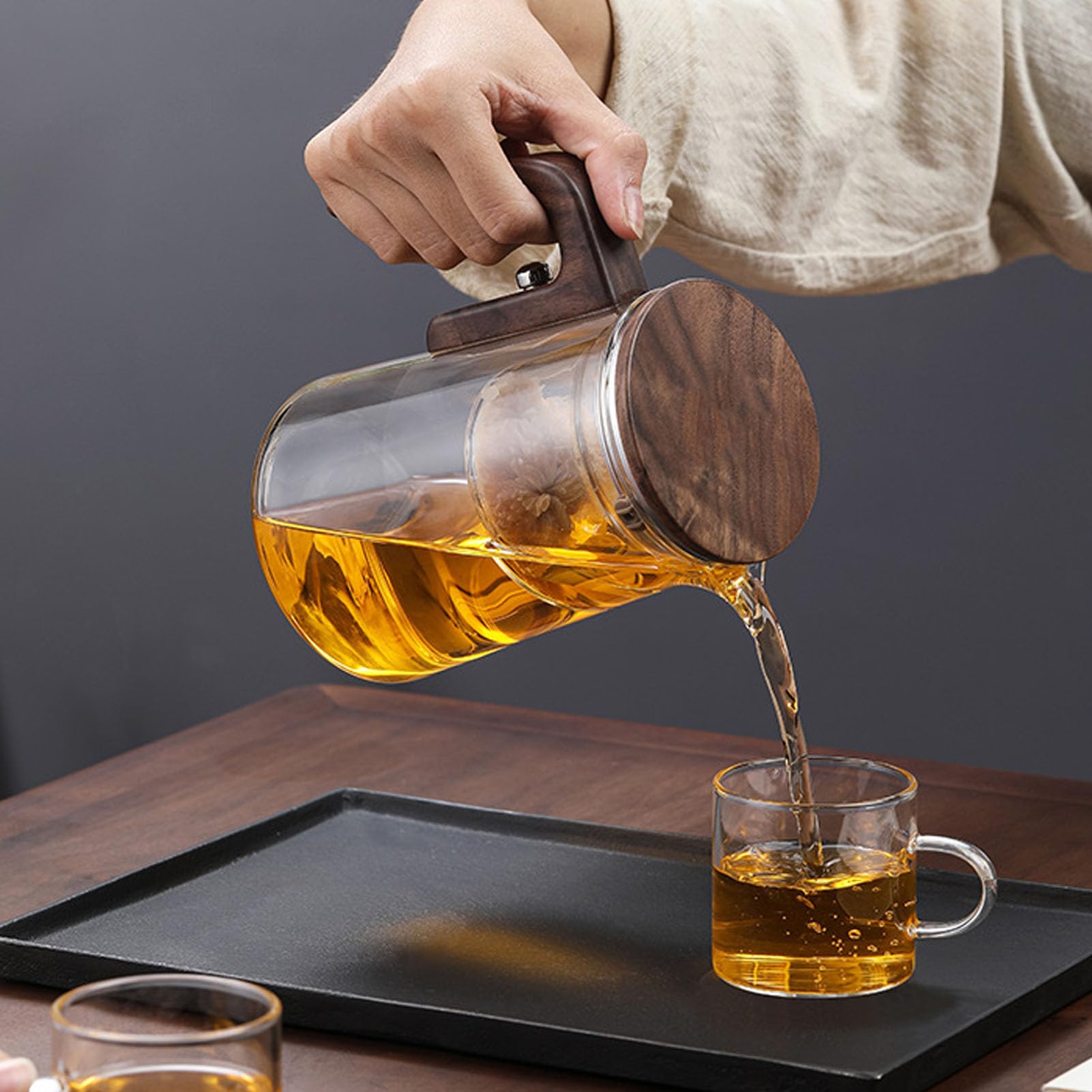 Srliya Tetera de Vidrio Transparente de Acero Inoxidable, Tetera con de Madera de Fácil Elaboración con Control de Prensa para Amantes del té
