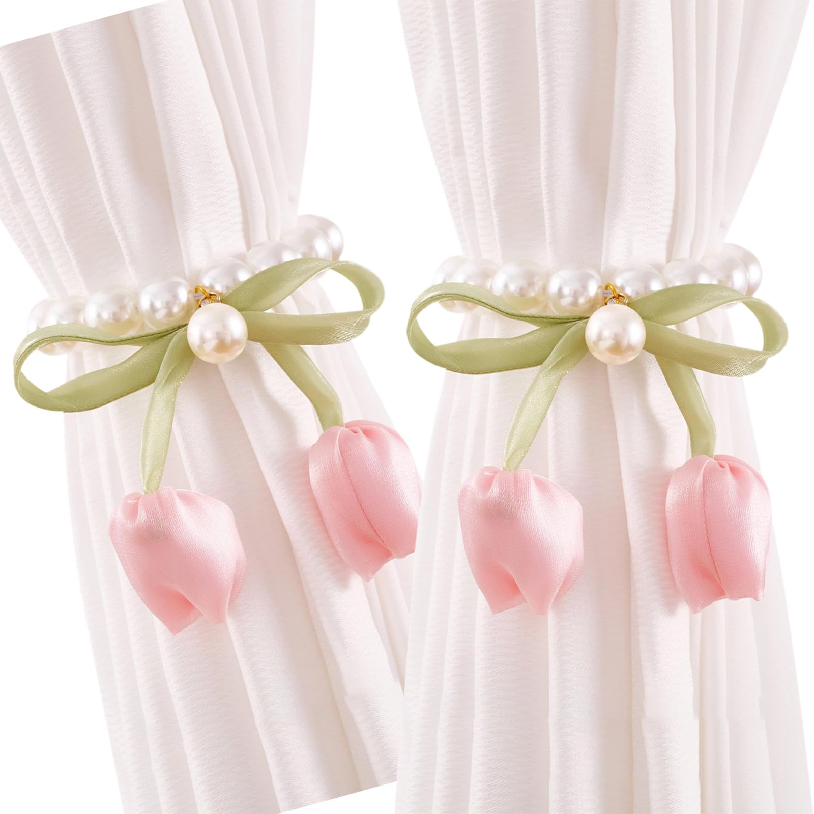 hogtnd 2 Pieces Magnetic Closure Curtain Holdbacks Tulip Bow Beads Beads Window Curtain Tiebacks for Living Room Bedroom Elegant Curtain Holdback