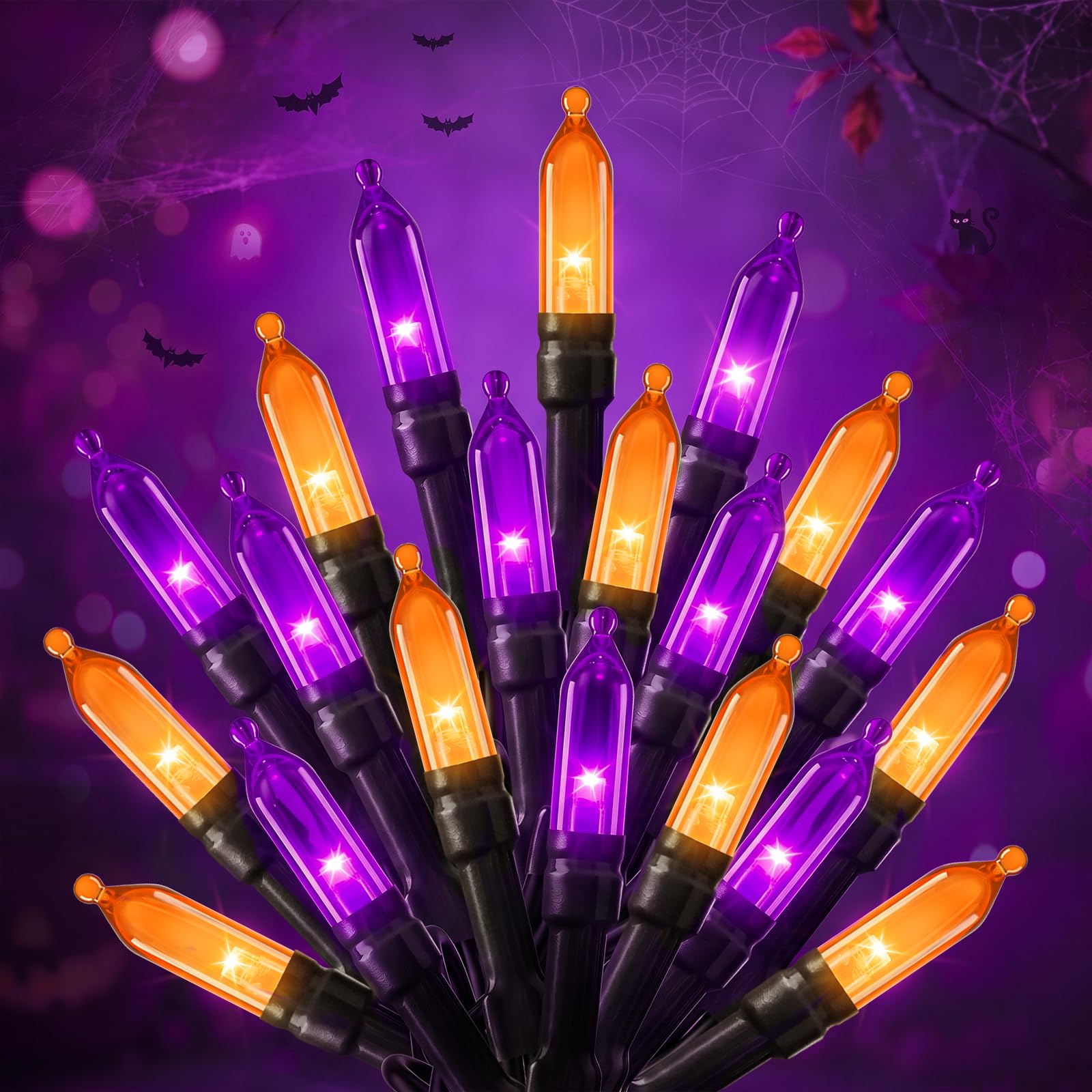Outdoor Halloween Lights, 39Feet 100 LED Mini Lights with 8 Lighting Modes, Connectable Halloween String Light Plug In for Garden Patio Party Haunted House Ghost Holiday Decoration, Orange &amp; Purple