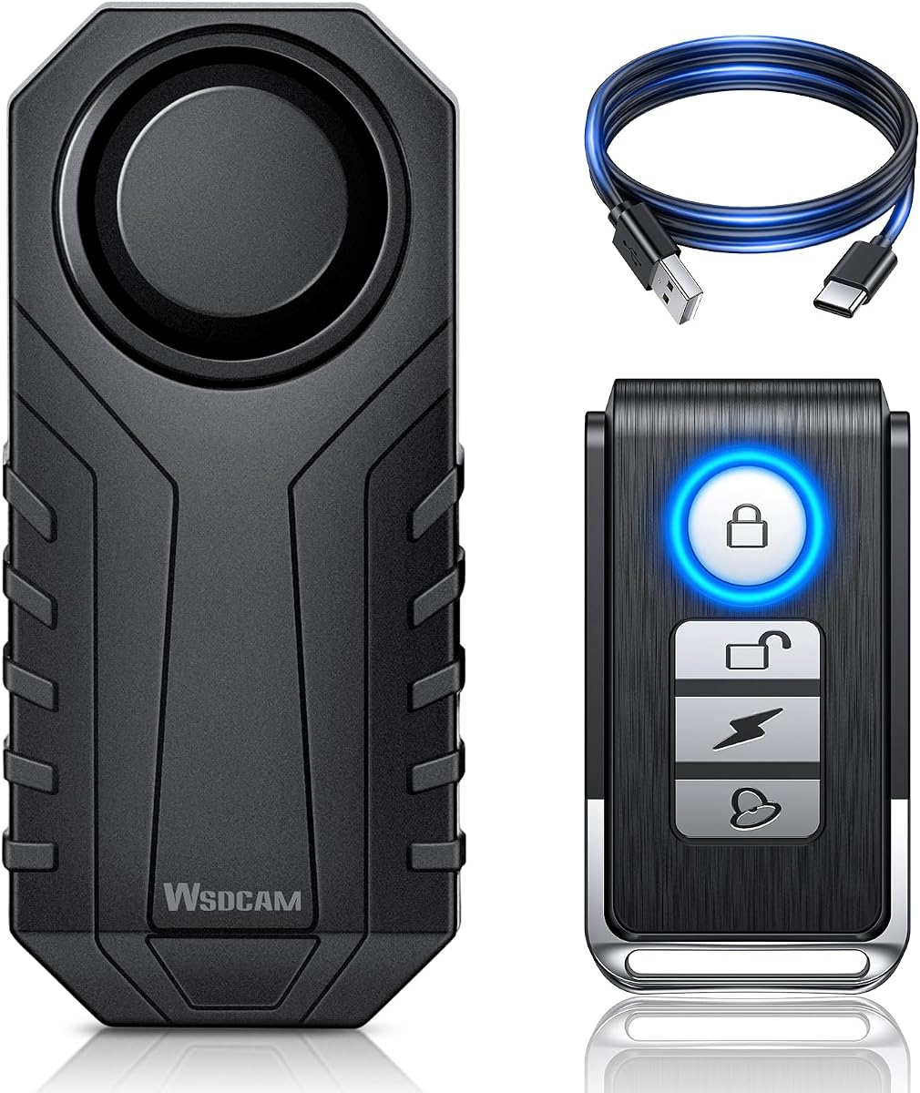WSDCAM Alarma de bicicleta inalámbrica de 113 dB con control remoto, sistema de alarma de bicicleta recargable antirrobo, IP65 impermeable, alarmas de bicicleta de 3 volúmenes para bicicletas eléctricas, motocicletas, scooters, seguridad en ciclismo y conducción al aire libre