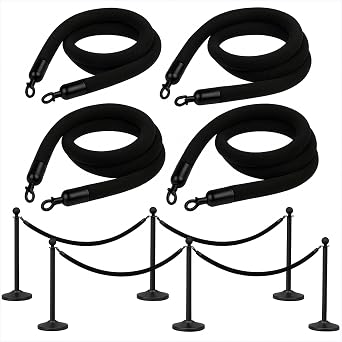 4 PCS Black Velvet Rope - 5 Ft Black Velvet Rope for Ceremonies Safe for Parties Crowd Queue Line Control Hanging Stanchion Tape
