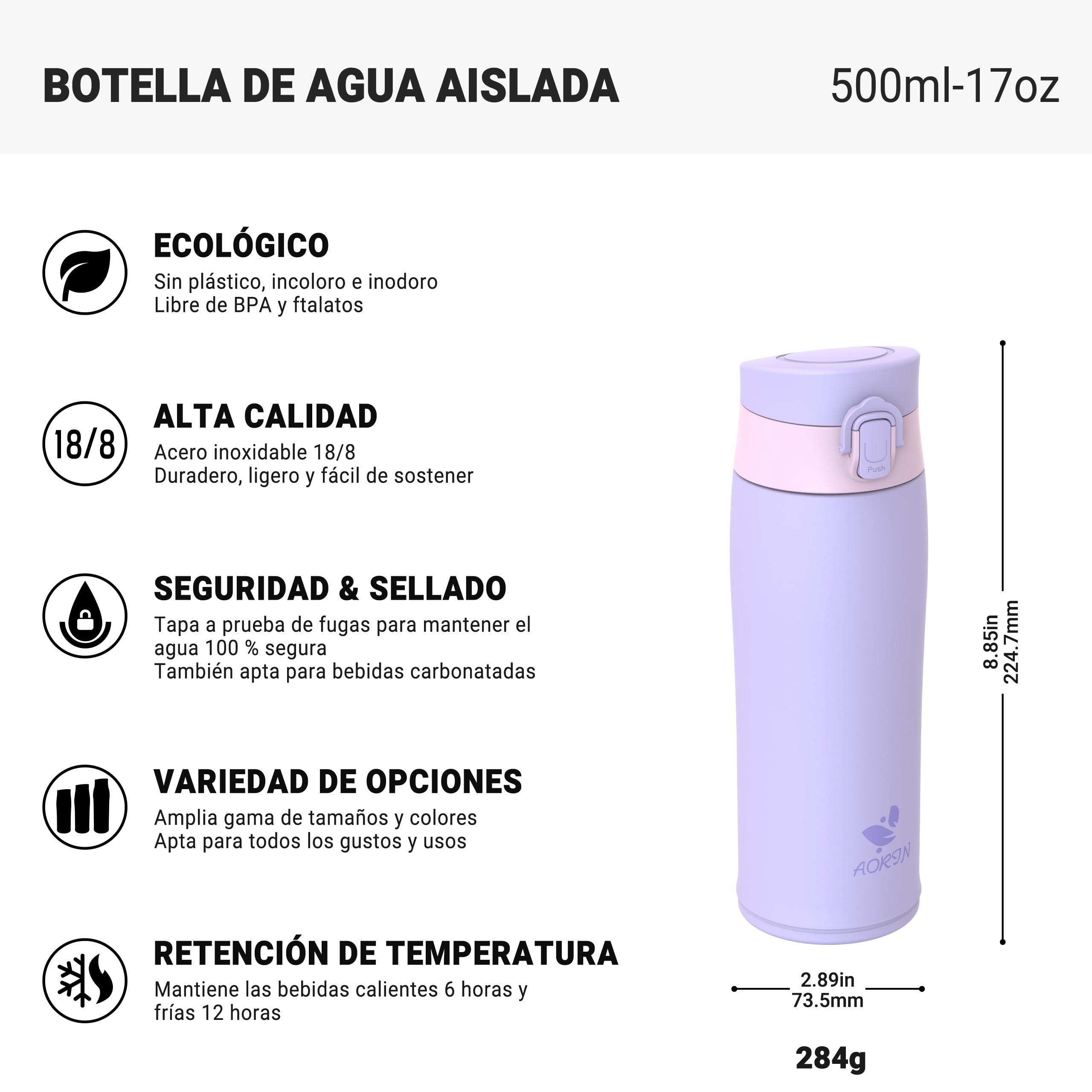 AORIN Botella Agua Acero Inoxidable 18/8 con 2 Tapas, 500ml Botella Agua Niños, Botella Térmica Anti-Fugas, Botella Gimnasio, Termo sin BPA para Deportes, Exterior, Viajes y Escuela — view 3