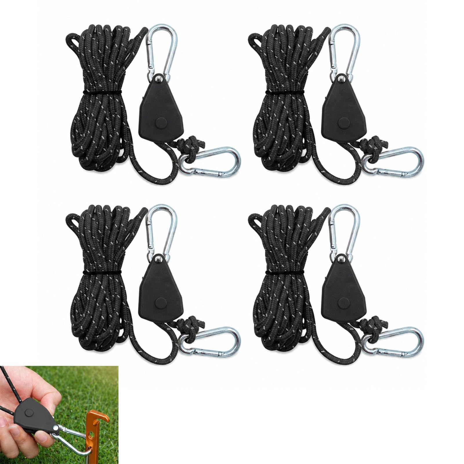 QLK Reflective Tent Guy Ropes, 4 mm Ratchet Ropes with Rope Tensioner, 4 M Adjustable Outdoor Tent Guide Rope Ratchet Hangers for Camping Hiking Awning 4Pack