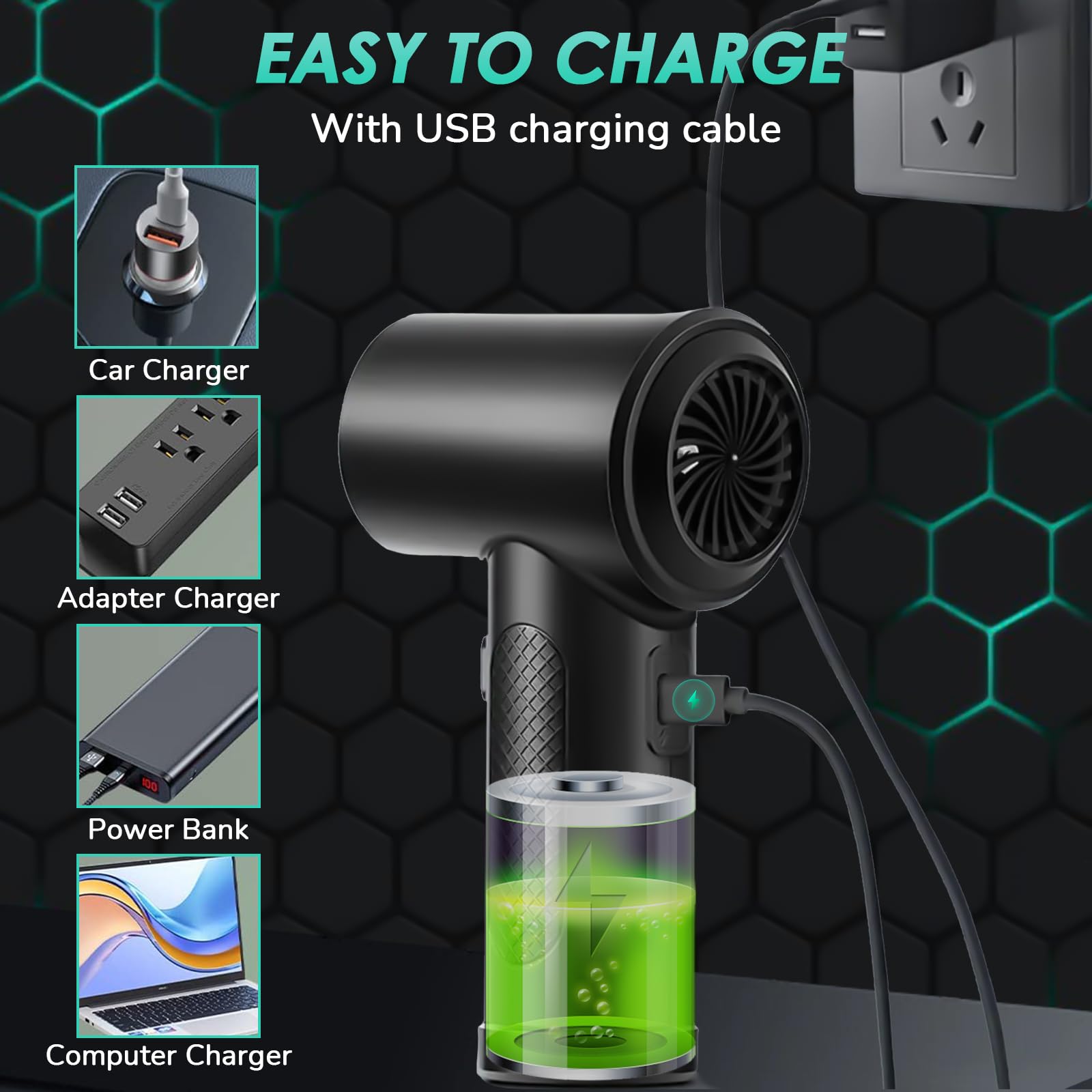 Souffleur Air Comprimé Electrique,3 Vitesses 100000 RPM/min Dépoussiérants Puissants,6000 mAh Batterie avec lumière LED,Air Comprimé Nettoyage pour Ordinateur portable,Clavier,Climatiseur