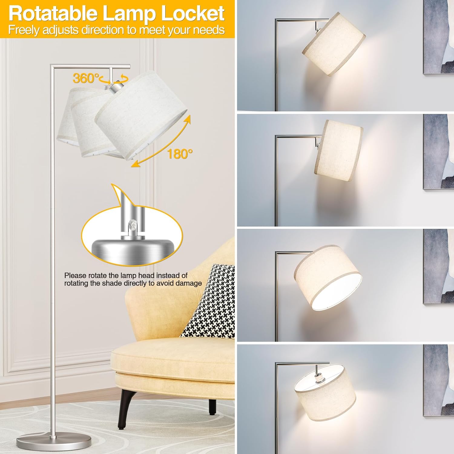 Floor Lamp for Living Room with 3 Color Temperatures Standing Lamp with Adjustable Beige Linen Lampshade Tall Lamps for Bedroom Office Classroom Dorm Room, 9W LED Bulb Included, Silver