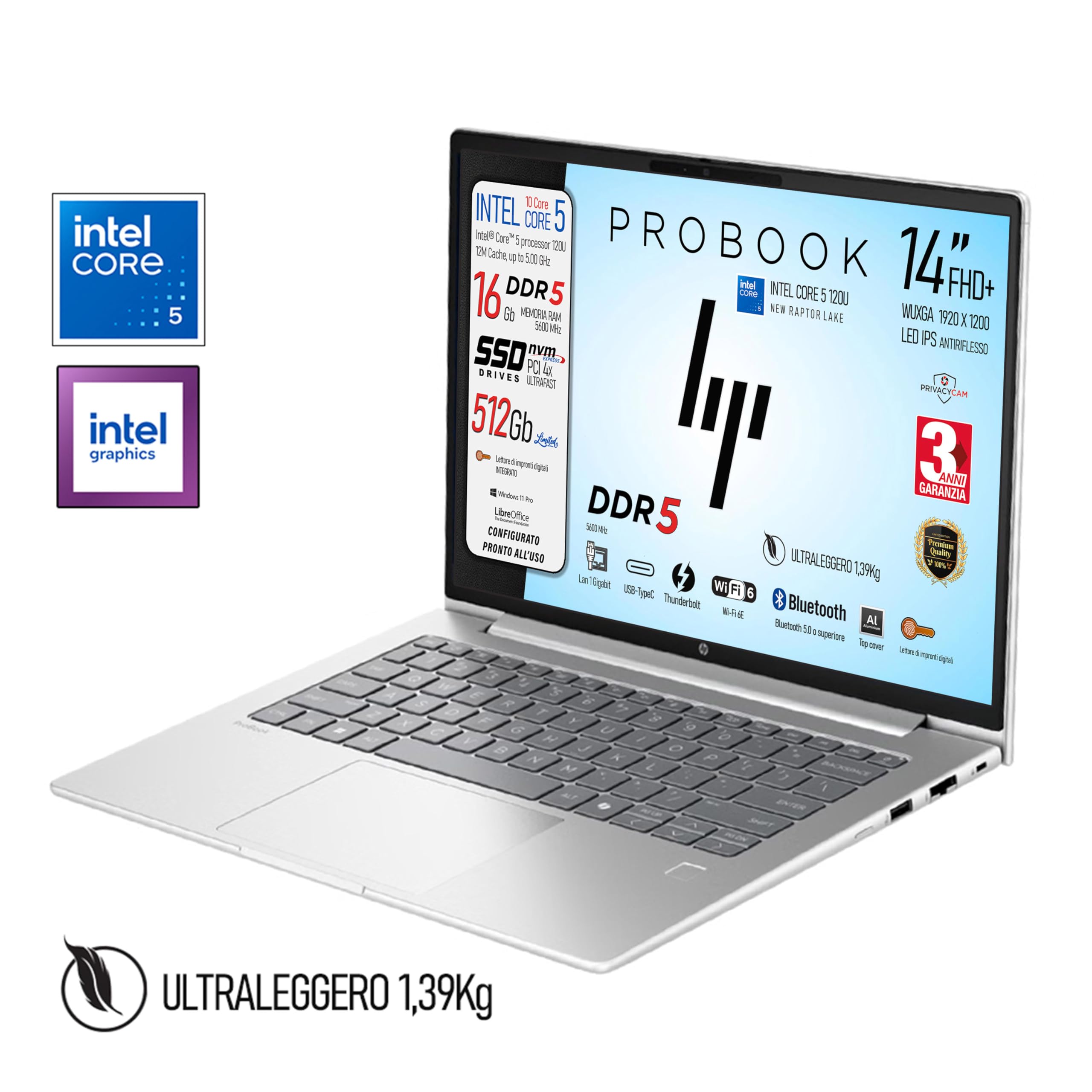 HP ProBook Notebook Intel Core5 120U 10Core 5.00 GHz SSD 512Gb Ram DDR5 16Gb Display 14" IPS FHD+ WUXGA USB-C Fingerprint