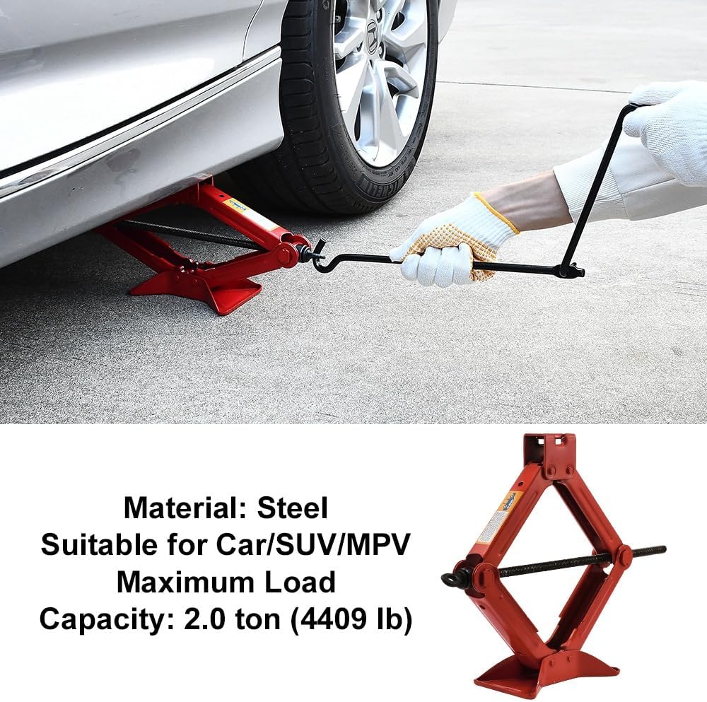 Car Scissor Lift Jack, 2 Ton (4409 lbs) Lift Jack Tool for Car, Scissor Jack Kit with Crank Handle, Universal Scissor Jack for Car|Sedan|Coupe|SUV|MPV, Red